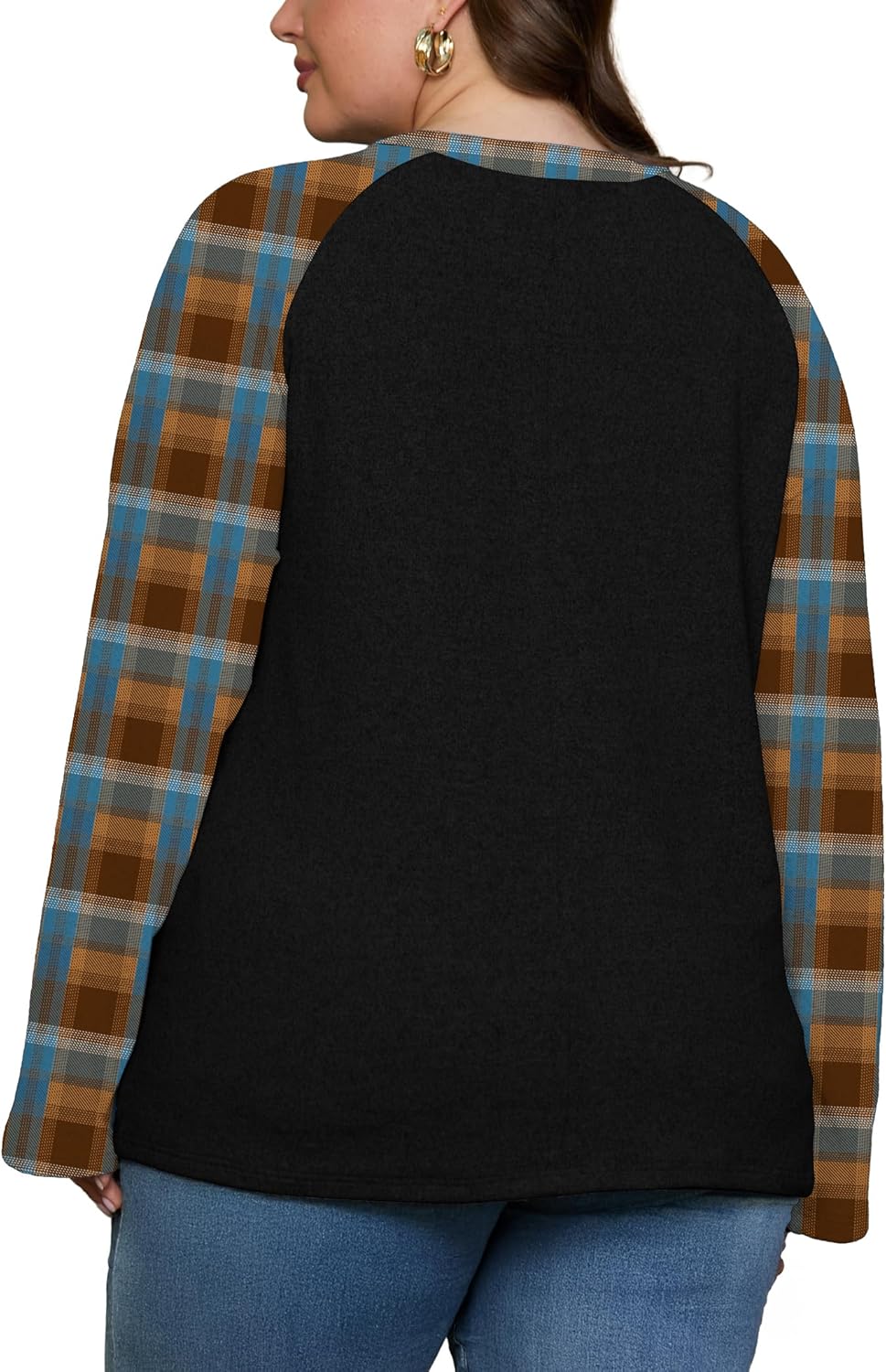 OLRIK Plus Size Tops for Women 2025 Fall Plaid Long Sleeve Henley Shirts Casual V Neck Button Tunic Tops - Image 3