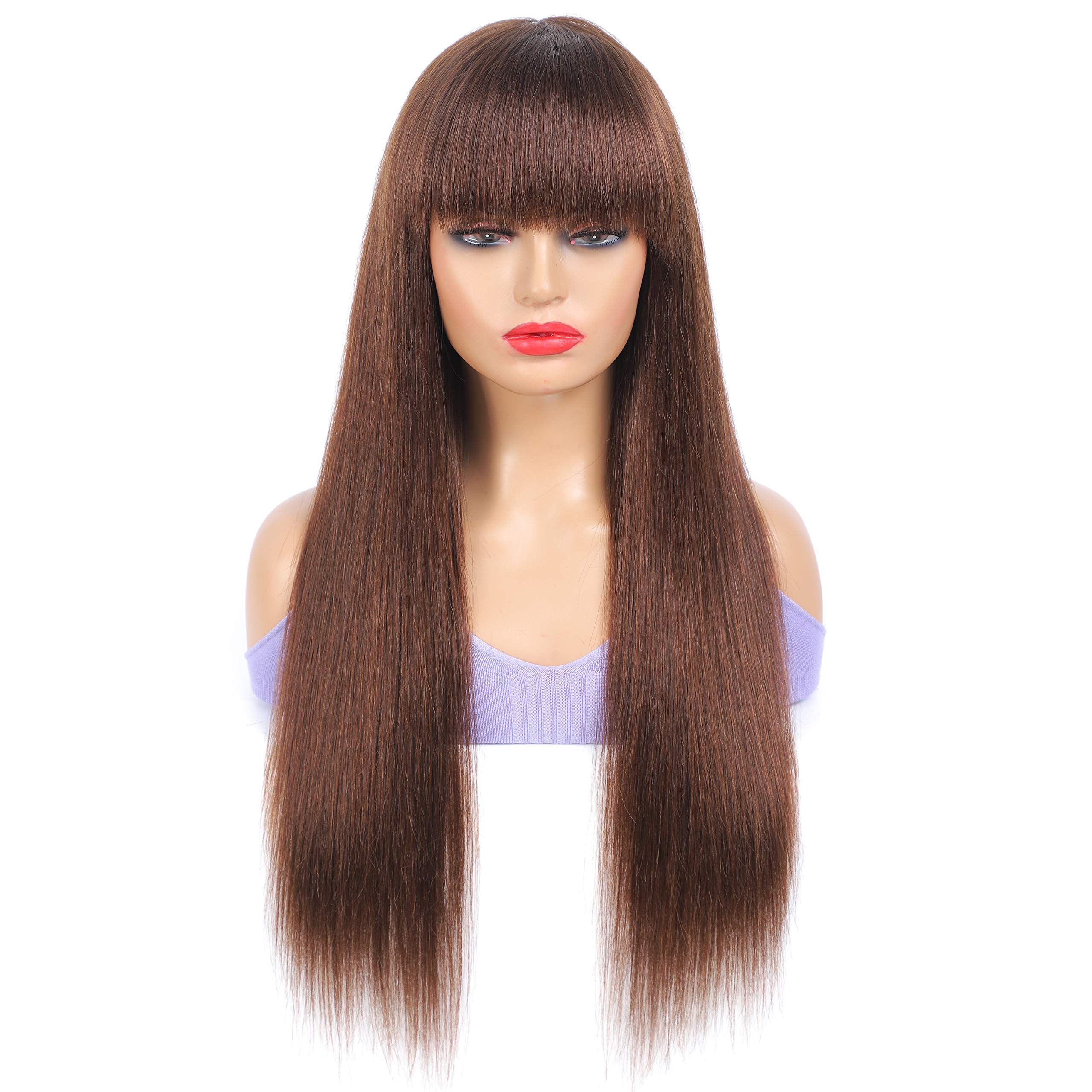 X-TRESS 16Inch Brown Bang Wig 100% Human Hair Wig with Bangs None Lace Front Wigs For Women Straight Brown Human Hair Wigs with Bangs For Black Wowen (16 Inch, 4 Brown)
