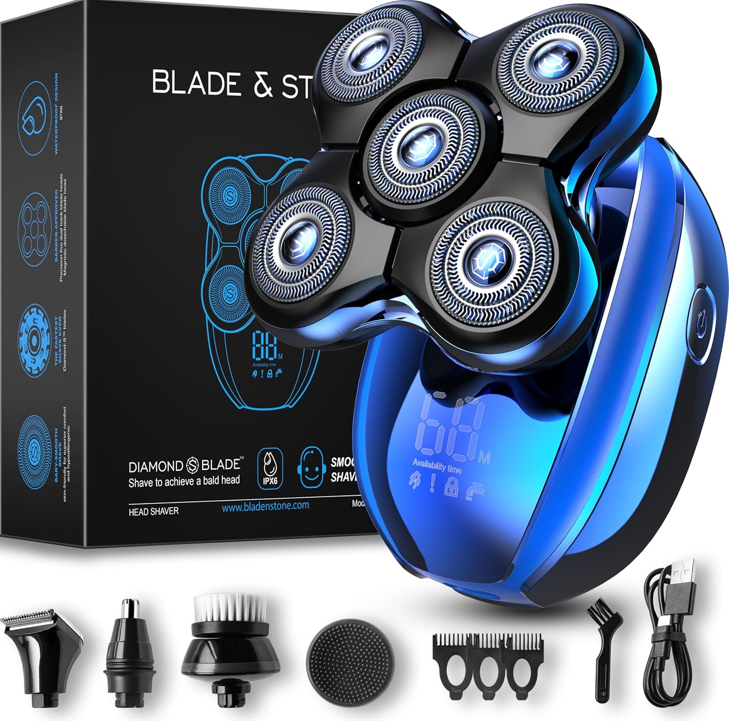 Blade & Stone® Head Shaver for Men HS505-BB | Diamond-S-Blade® | MIMO Net Technology for Superior Skin Comfort | 8500 RPM Durable Motor, USB-C Rechargeable - Big Blue