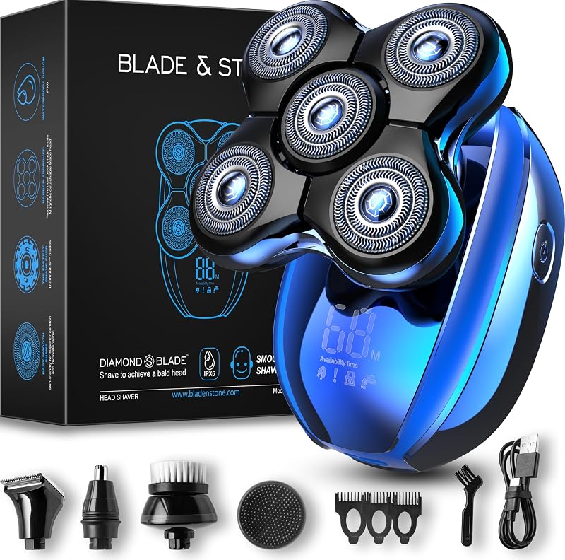 Barbeador elétrico rotativo Blade & Stone HS505-BB Big Blue com motor de 8500 RPM e recarga USB-C