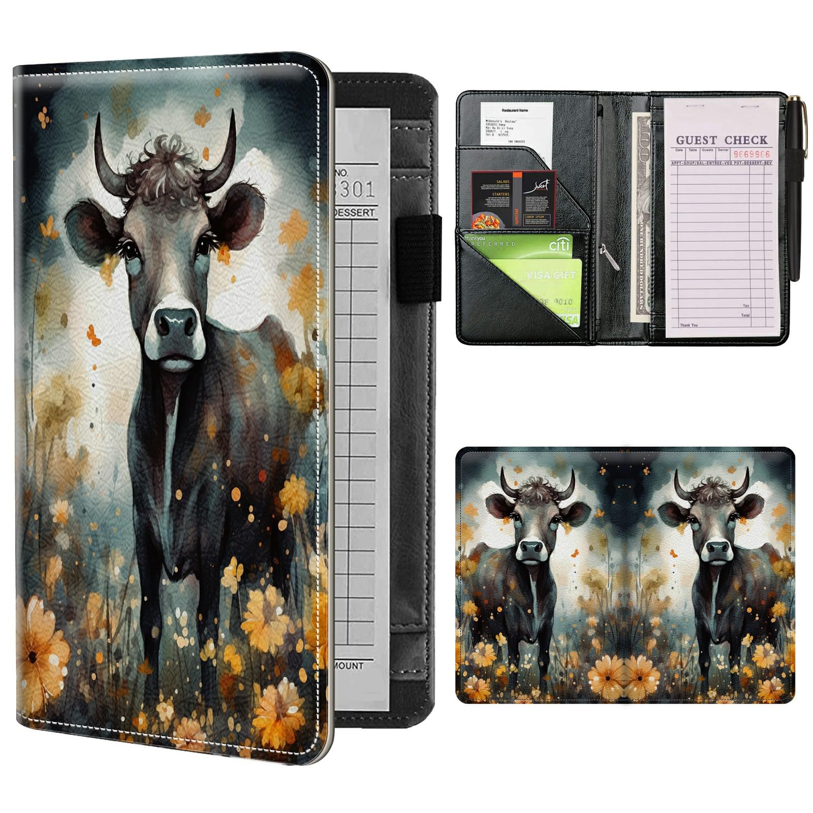 Server Books for Waitress Waiter with Zipper Pocket, Cute Leather Server Pads Waitstaff Organizer Guest Check Presenters Server Wallet Money Holder Pouch Fit Apron (Cattle Sunflower)