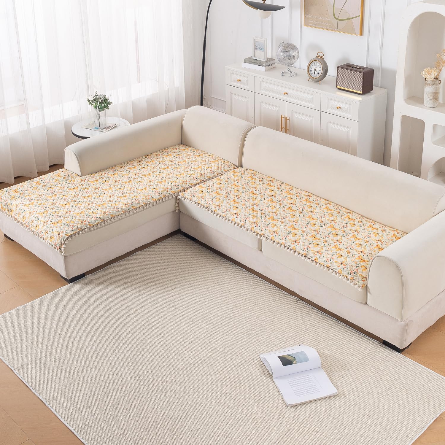 HOKIPO Tassel Twig Sofa Cover L Shape 5 Seater Mat, Sunlit Butterfly | 2 seat mats for an L shape 3+2 sofa, 180+150 cm. Anti-slip backing, extra length tucks in, machine washable.-picture-24