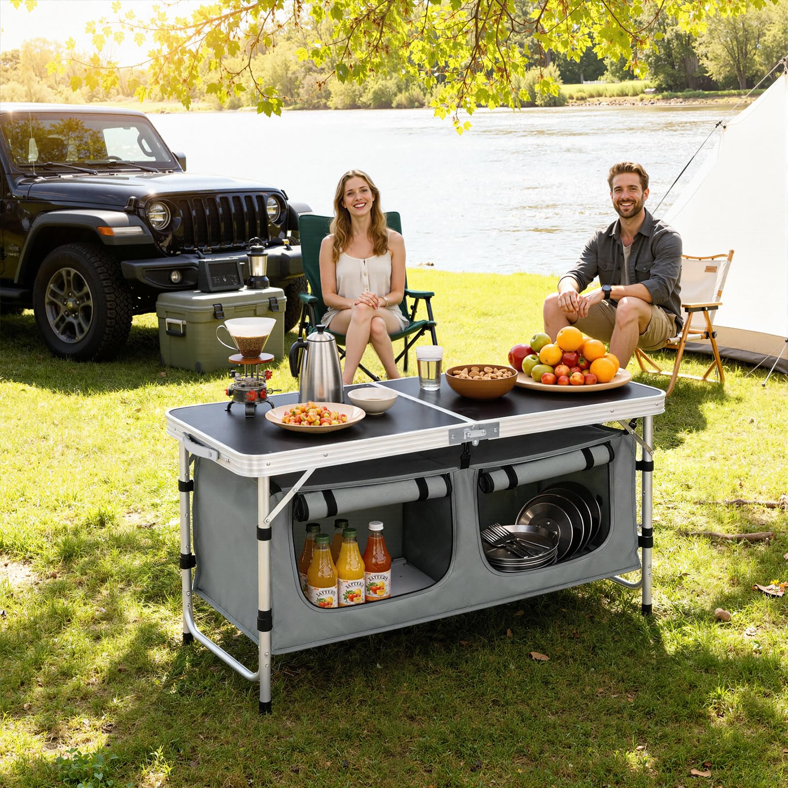 WOLTU CPT8139wgr Folding Camping Cabinet Aluminium Camping Table Height Adjustable with Storage Space Outdoor Camping Furniture Including Carry Bag Folding Table Garden Table Picnic White Grey