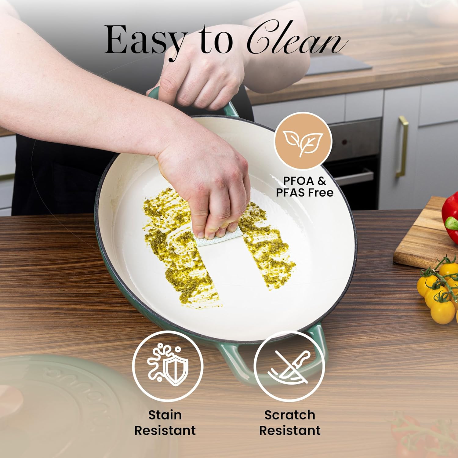 Shallow Cast Iron Casserole with Lid – Non Stick Dutch Oven Pot, Oven Safe up to 500° F – Sturdy Ovenproof Stockpot Cookware – Enamelled Cooking Pot – Dark Green, 5-Quart, 32cm – by Nuovva