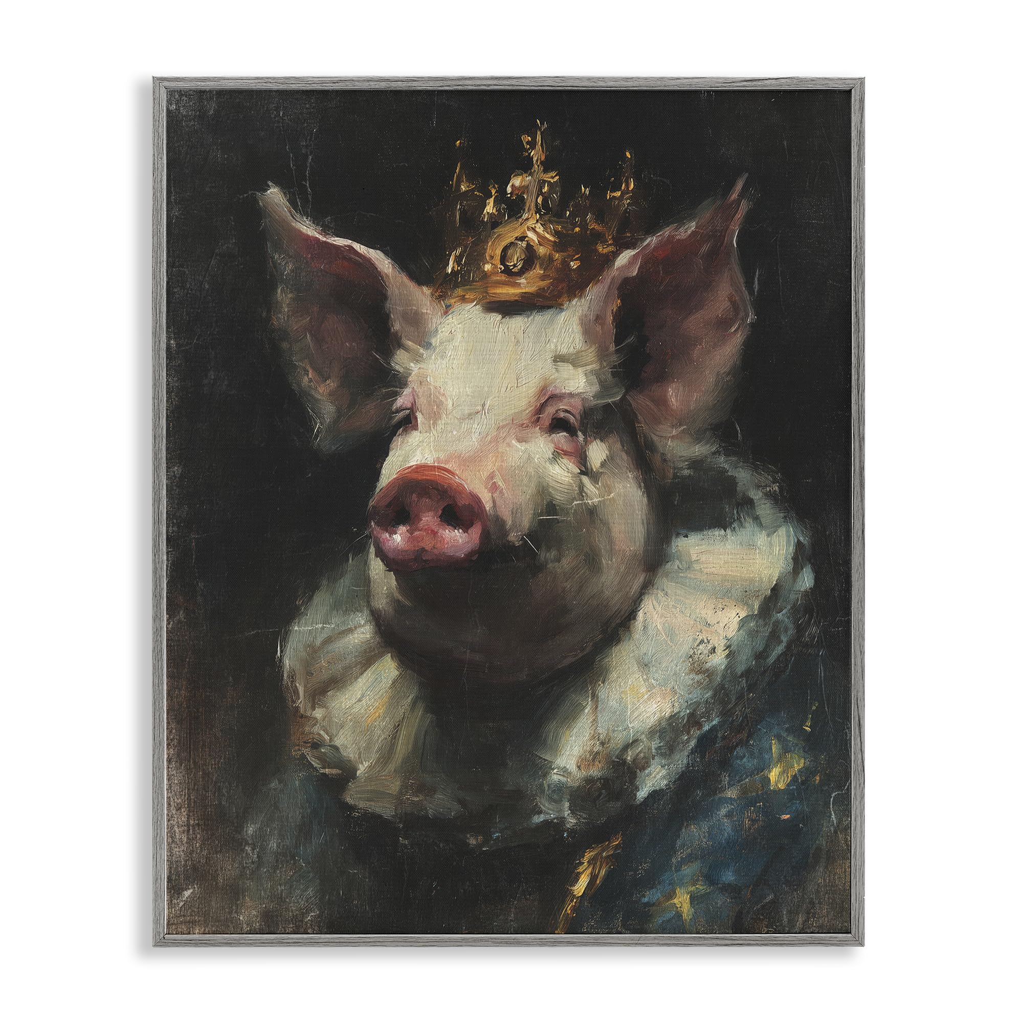 Stupell Industries Farmhouse Gray (Textured) 'Crowned Imperial Pig'| Framed Giclee Art