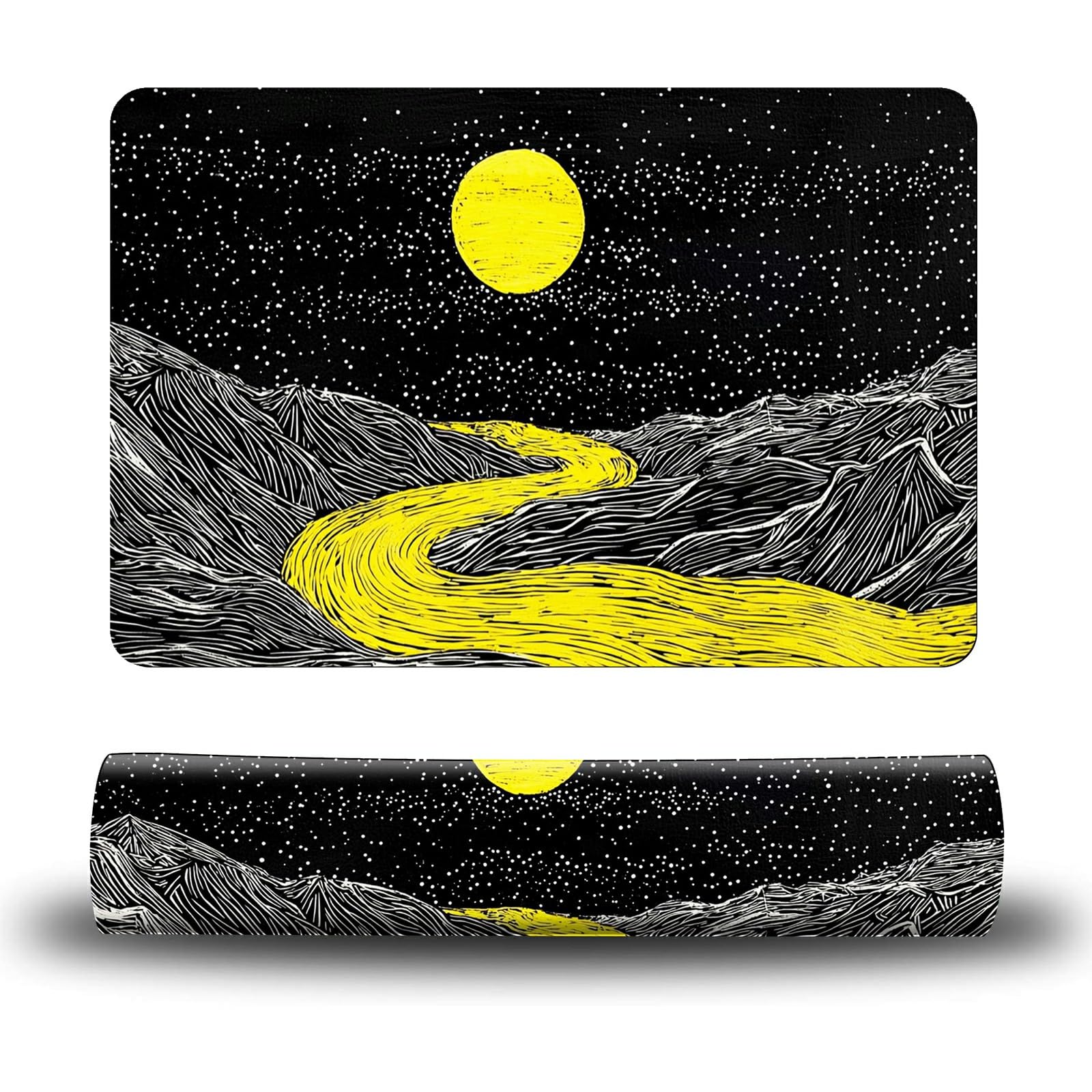 Dikoer Dog Food Mat, 15.7" x 23.6" Absorbent Pet Feeding Mat for Food and Water, Waterproof Diatom Mud Pet Placemat with Non-Slip Rubber Backing, Cat Bowl Mat for Floors - Creek Yellow Moon