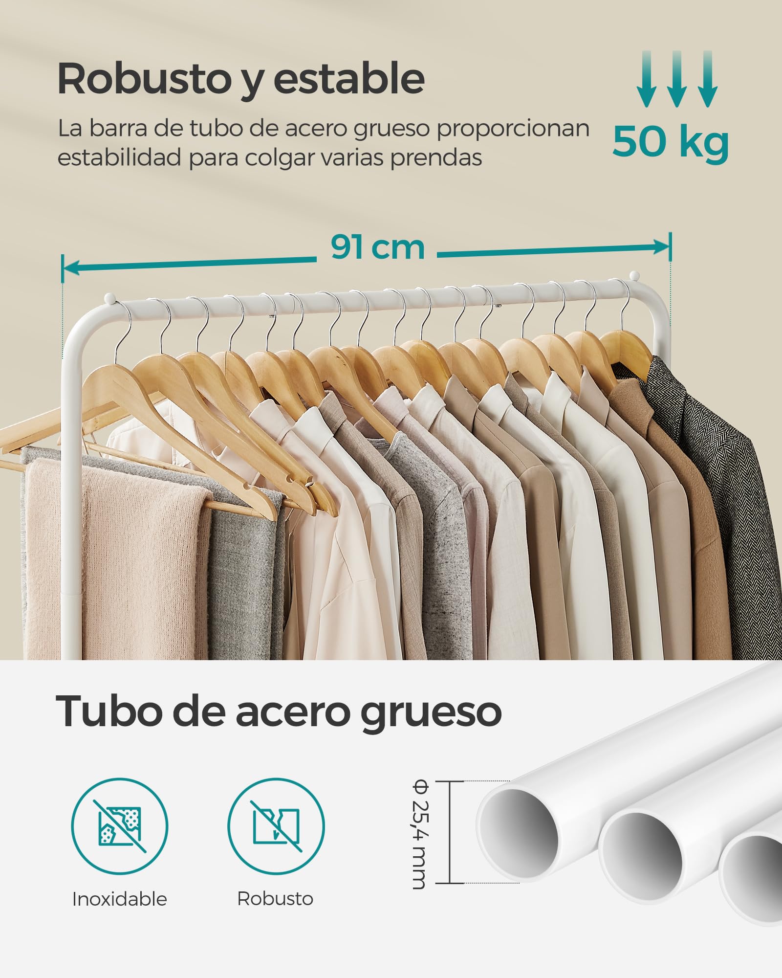 SONGMICS Perchero Burro, Burro de Ropa con 2 Barras, Marco de Metal, Barra Colgante de 91 cm de Ancho, con Estante, 2 Ruedas Bloqueables, Cada Barra Soporta hasta 20 kg, Blanco HSR027W01