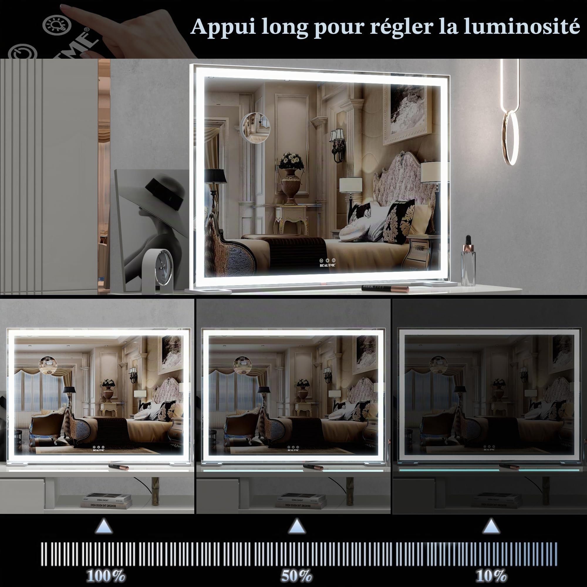 BEAUTME Miroir de courtoisie avec lumières pour table et dressing, miroir de maquillage éclairé Hollywood pour chambre à coucher (920 x 150 x 680 mm) | Miroir grossissant 10x, réglage de la luminosité en continu, 3 options de montage flexibles pour coiffe