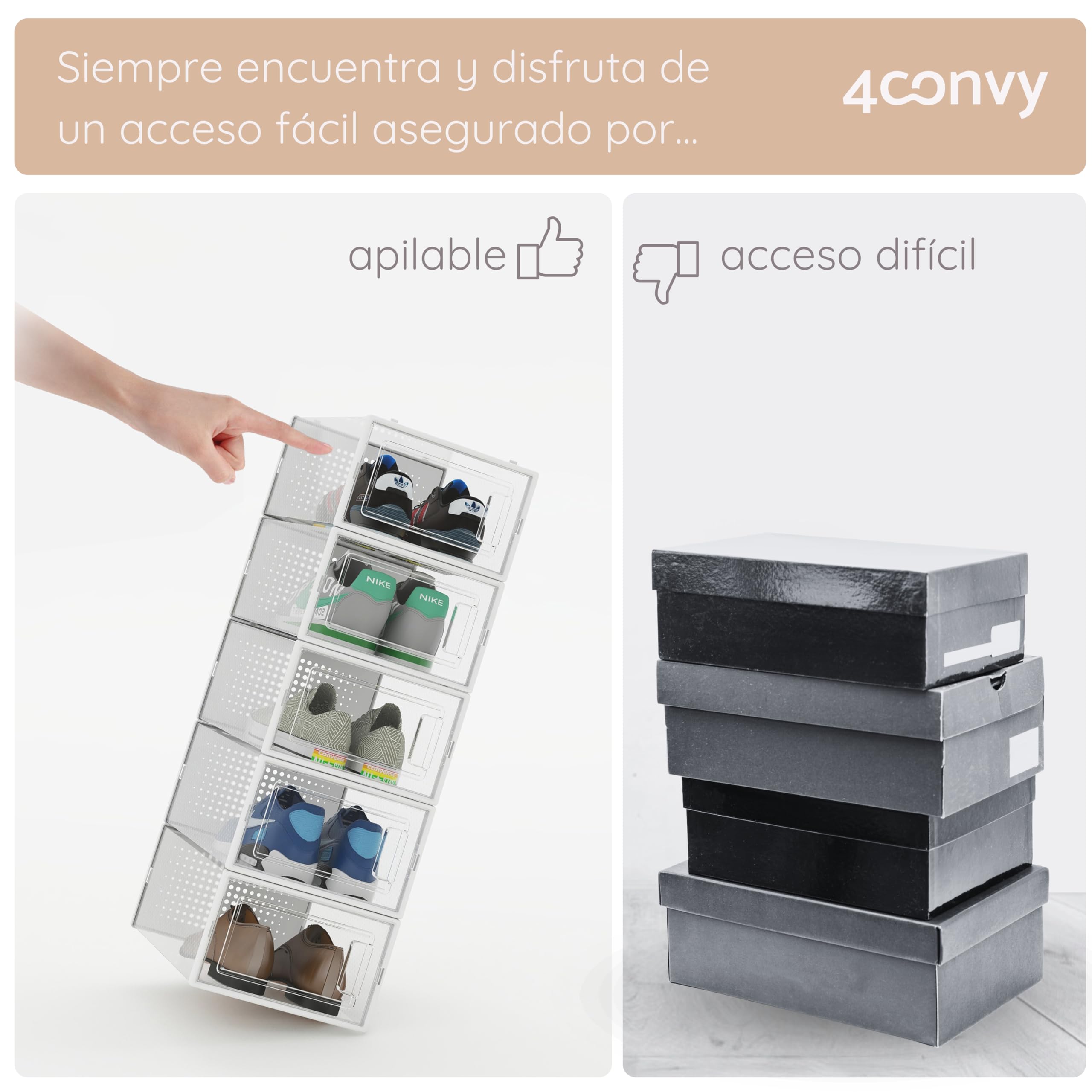 4CONVY Cajas de zapatos apilables plegables - Cajas de almacenamiento de zapatos duraderas - Organizador de zapatos - Cajas transparentes de plástico para armario dormitorio pasillo 6 unidades