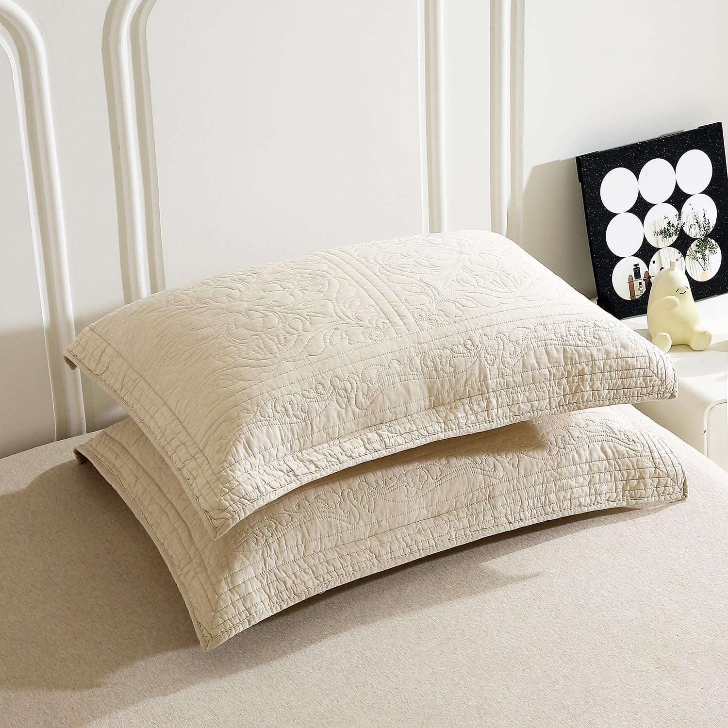 WINLIFE 100% Cotton Quilted Pillow Sham Floral Printed Pillow Cover (King, Beige) - Image 2