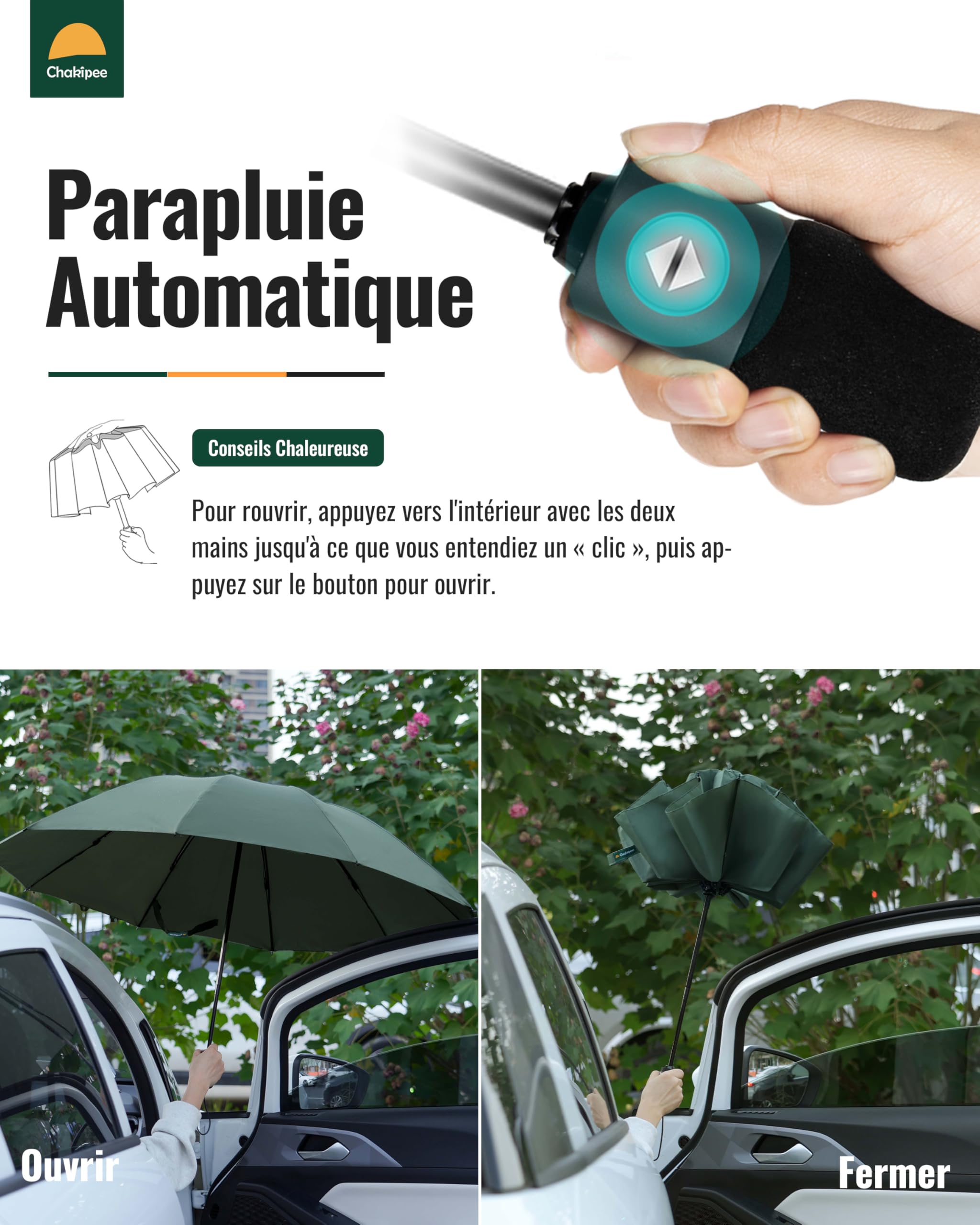 Chakipee Ombrello Pieghevole Compatto Pioggia - Automatico Pioggia Grande Ombrelli Antivento Robusto Inverso - Portatile Uomo Donna da Viaggio Resistenti Teflon 210T 10 Stecche