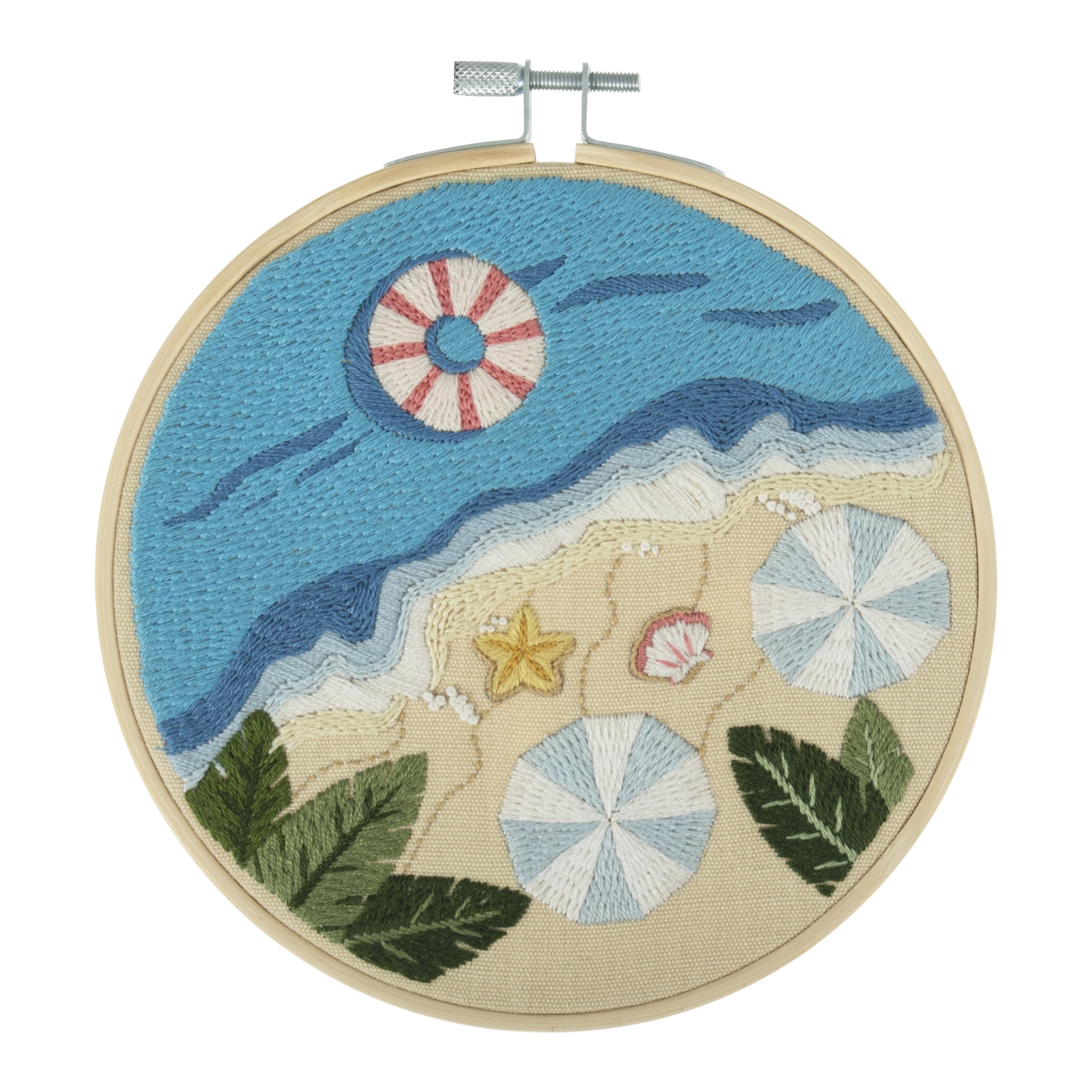 Trimits Embroidery Kits - 15cm 6" Embroidery Beginners Kit, Cross Stitch Kits for Adults, Starter Set with Bamboo Hoop, Fabric, Threads, Needle & Backing - Beach