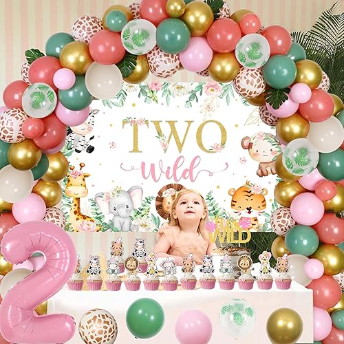Miniatura 2 de Decoraciones de segundo cumpleaños con temática de selva para niña, kit de arco de globos rosa polvoriento y verde salvia con dos decoraciones de