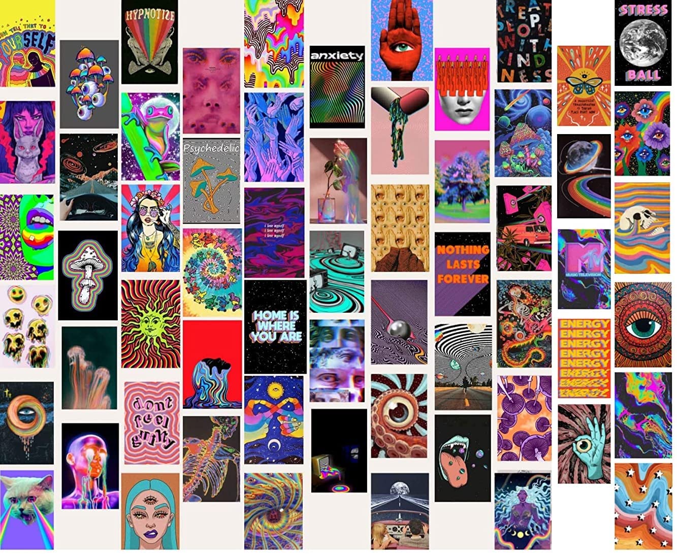 Quary Aesthetic Wall Collage Kit || 60pcs (4×6inch) Trippy Colourful Aesthetic Posters For Room Decoration Water Resistant Paper Comes With Adhesive Tape From Top To Bottom