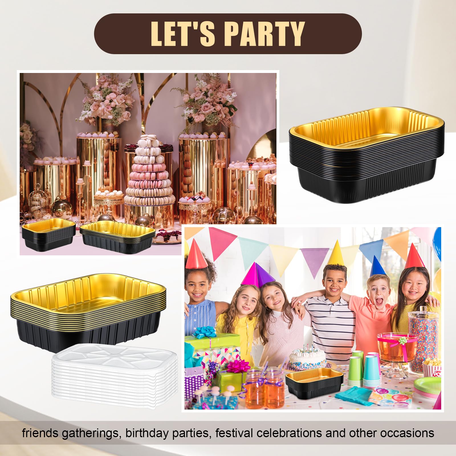 Funnymoom Paquete de 30 sartenes de aluminio con tapas, incluye 10 unidades de mesa de vapor de horno de tamaño medio de 10 x 13 pulgadas, bandejas de papel de aluminio de aluminio, paquete de 20
