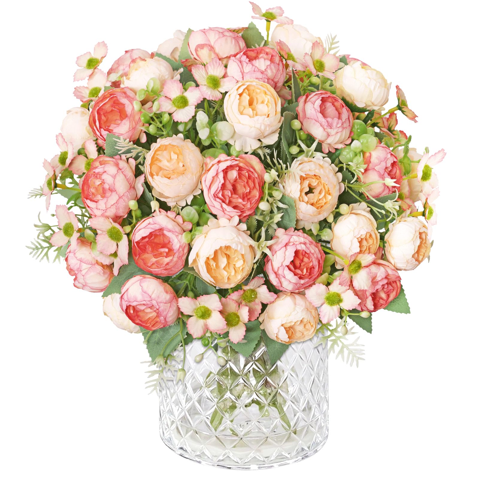 DEMIUKO 3 Bunches Artificial Peony Flowers Bouquet Small Flowers Faux Peonies Silk Blooms Fake Petite Rose Floral Arrangement for Wedding Home Decor Jar Vase Filler Table Centerpiece, Champagne Orange