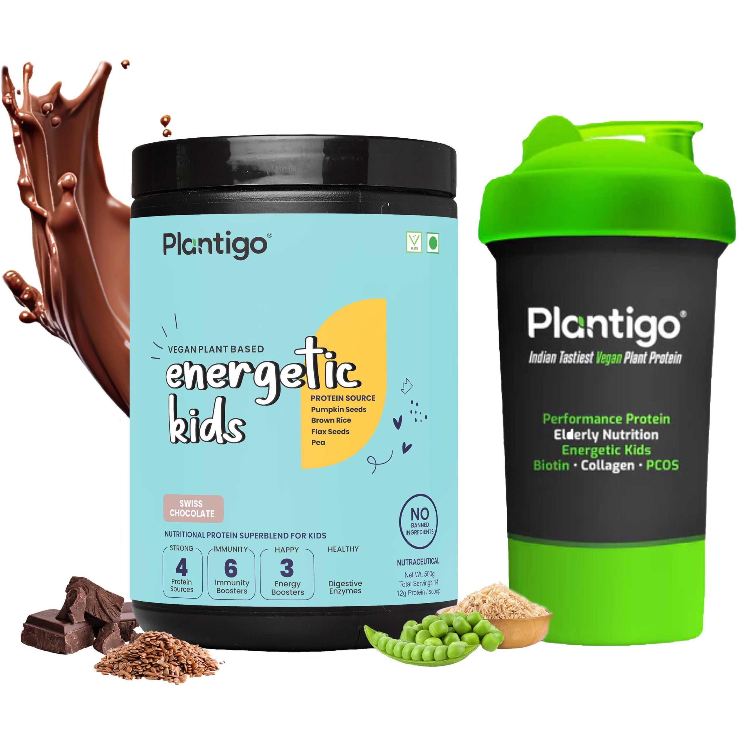 Plantigo Kids Protein 14g, 11 Vitamins, 8 Minerals, Nutrition Supplement | Muscle, Bone Growth & Brain Health | Protein Powder for Kids 10+ years | Swiss Chocolate Flavor - 500g + Shaker, 600ml