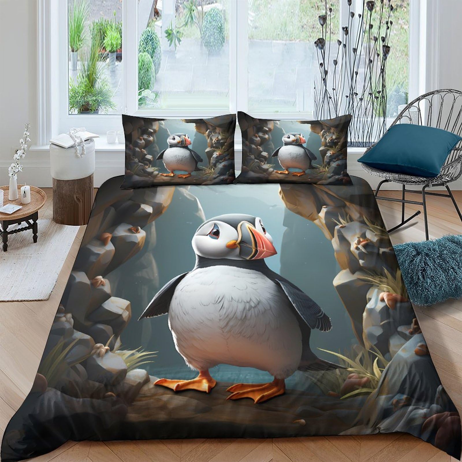 TUFRTGYHN 3D Printed Puffin Bird Duvet Cover Microfiber Soft Breathable Ocean Cliff Quilt Cover Set with 2 Pillowcases for Bedroom Decor Single（135x200cm）