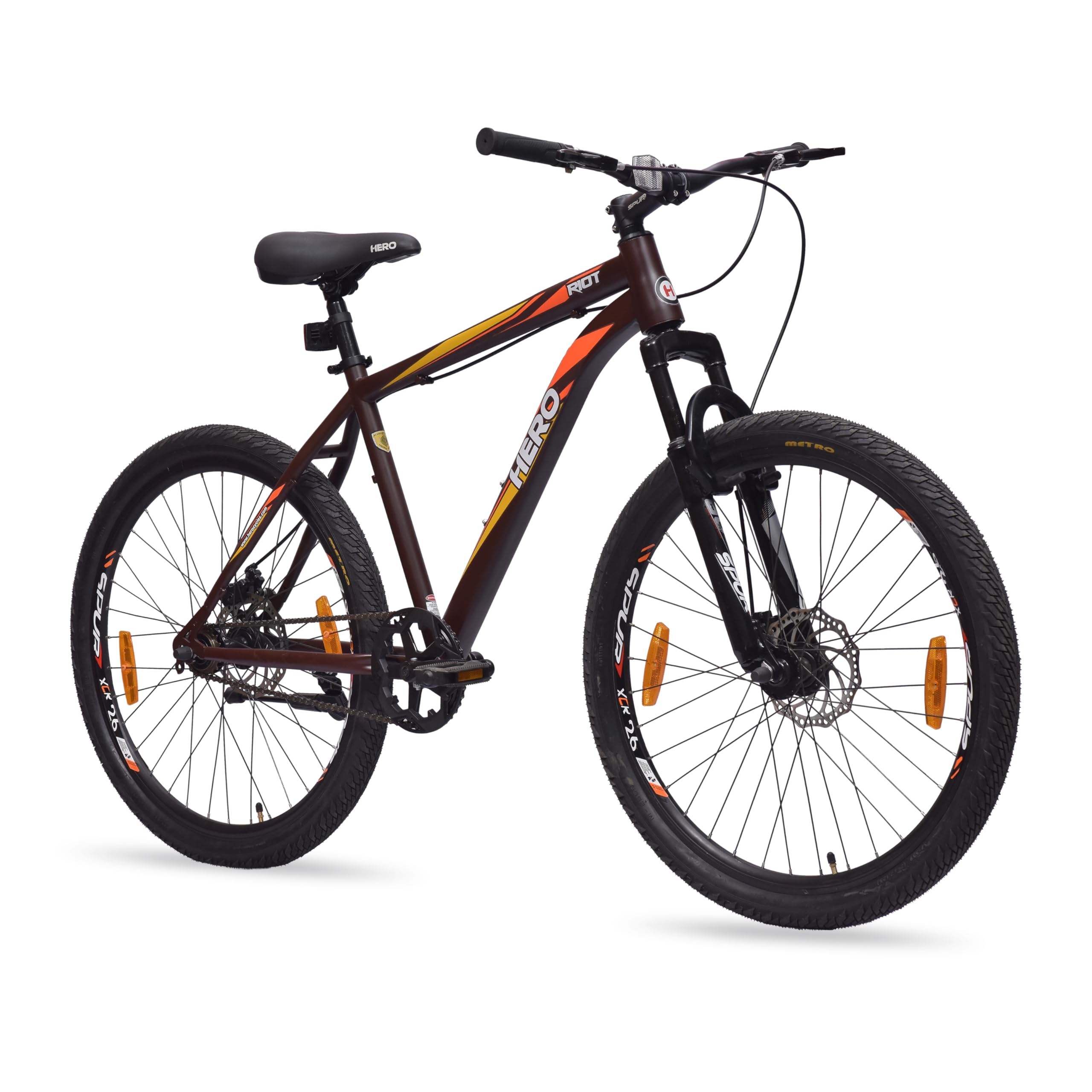 Hero RIOT 26T Single Speed Mountain Bicycle for Adult | Brown | Front Suspension | Disc Brake | Steel Frame : 16.5Inches | Rider Height : 5ft 0" - 5ft 8" | 95% Pre-Assembled(Ready to Ride in 5 Mins)