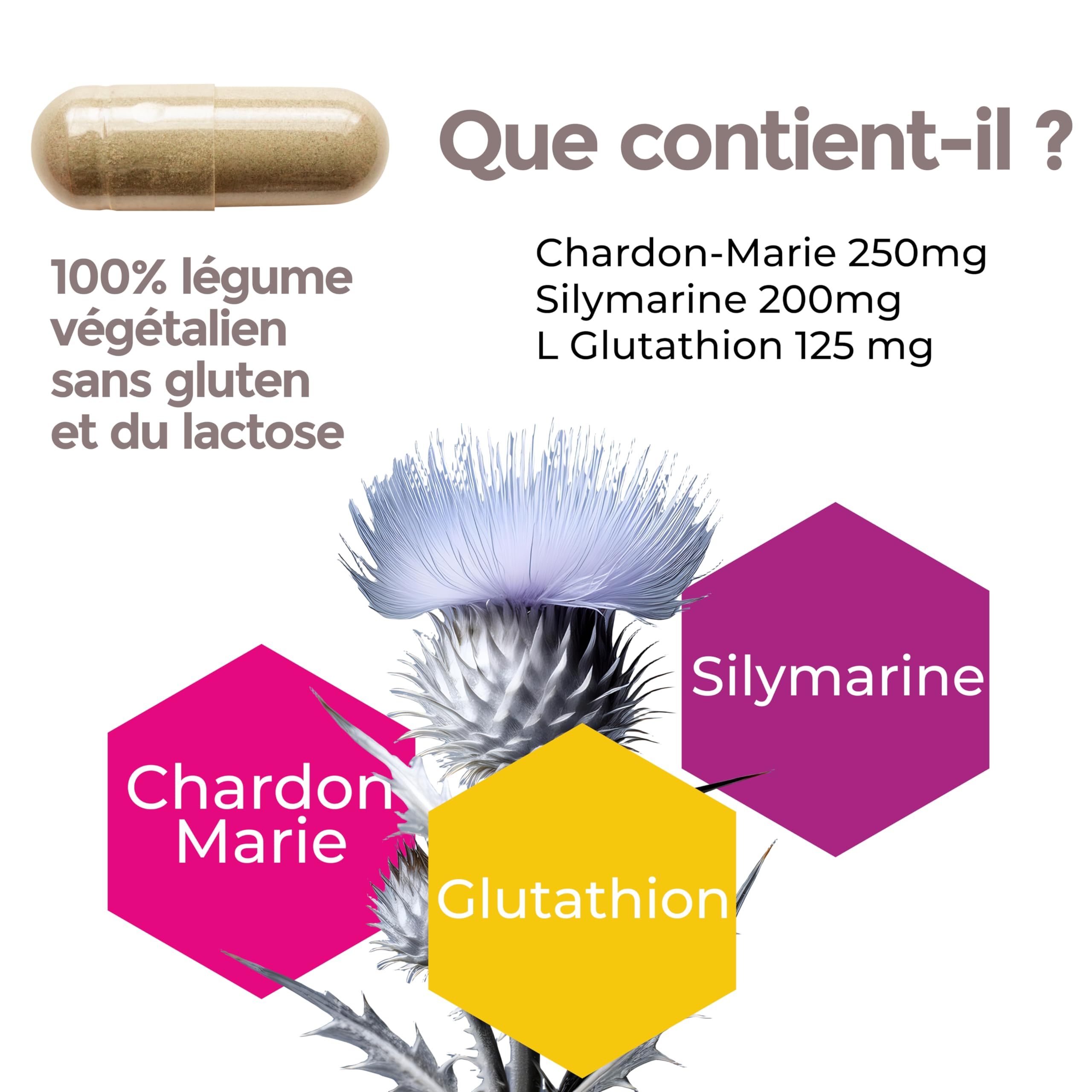 chardon marie glutathion Chardon Marie & Glutathion Gélules - Milk Thistle Titré 80% Silimarine -  Detox Foie Puissant et Rapide - Glutathion Éclaircissant Gelules