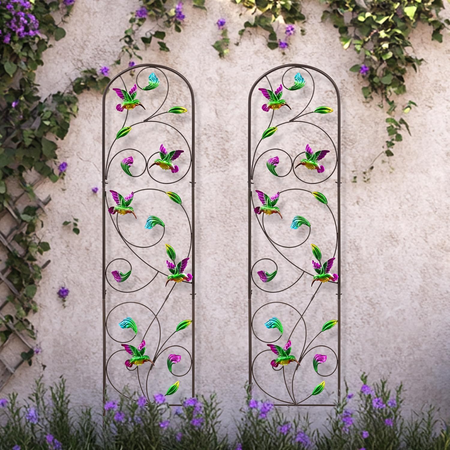 Set of 2 Hummingbird Metal Garden Trellis for Climbing Plants, Decorative Vegetables Flowers Vine Trellis for Outdoor Patio, 60'' H x 12.5'' W, Elegant Hummingbird Design