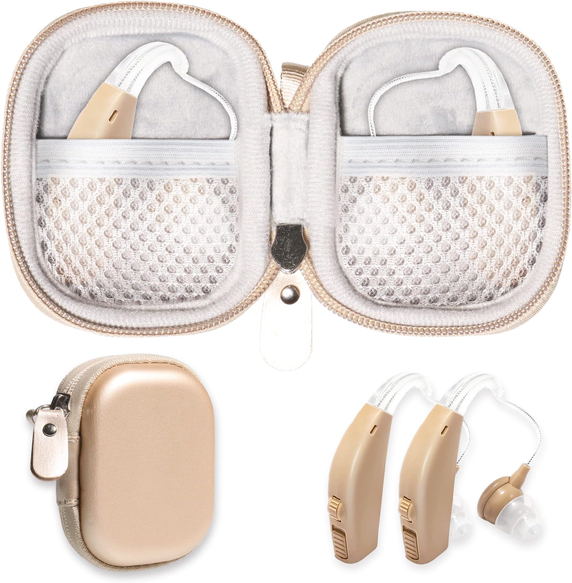 Designed Protective Case for Hearing Aid, Hearing Amplifier, Personal Sound Amplifier, Hearing Device, Listening Device, Strong Mini Case with Mesh pocket(Gold)
