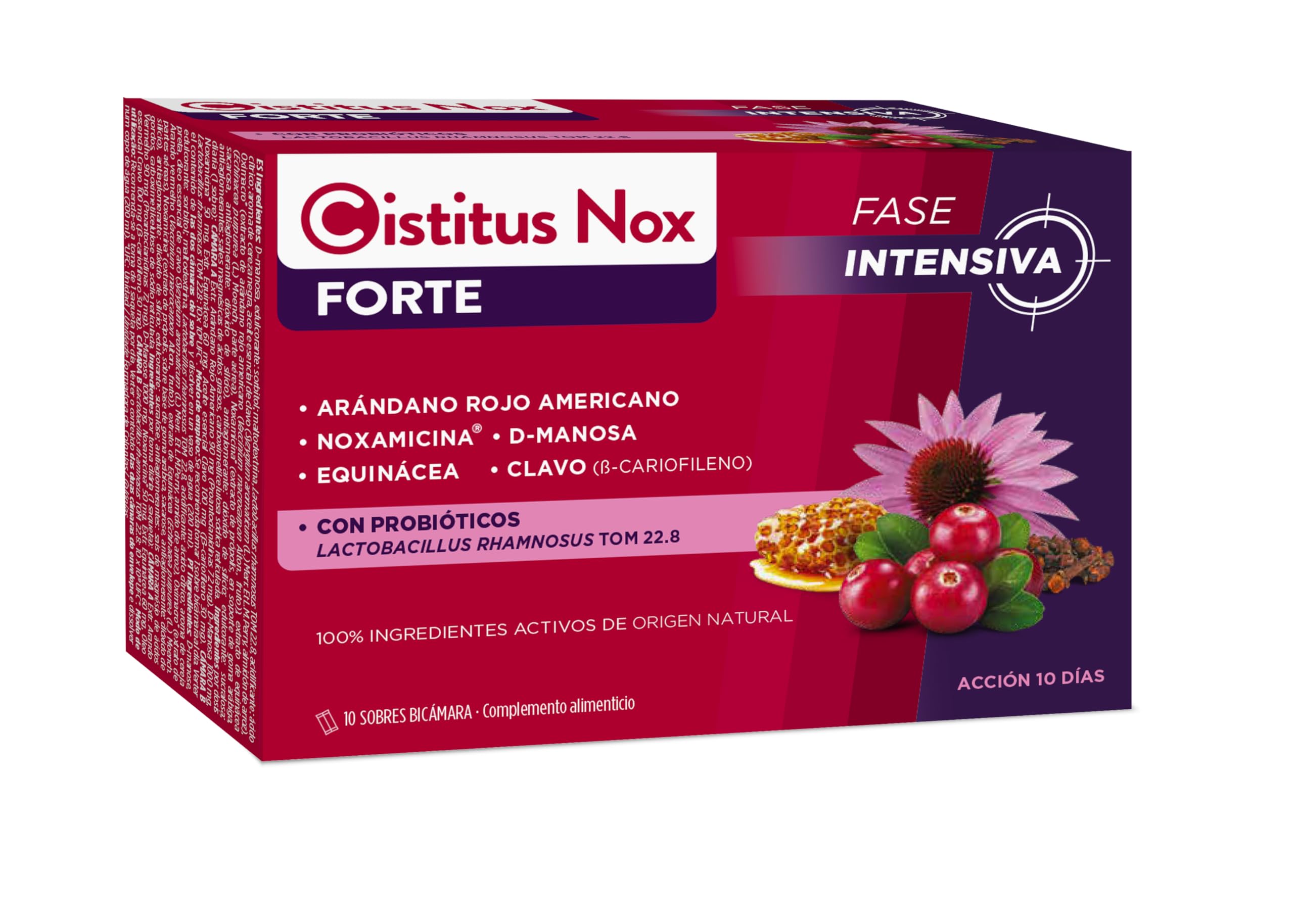 CISTITUS Nox Forte Probióticos | 10 sticks | Bienestar Urinario | Arándano Rojo Americano (PACs 72 mg), D-Manosa 1000 mg, Lactobacillus rhamnosus + Noxamicina. Complemento alimenticio Adultos