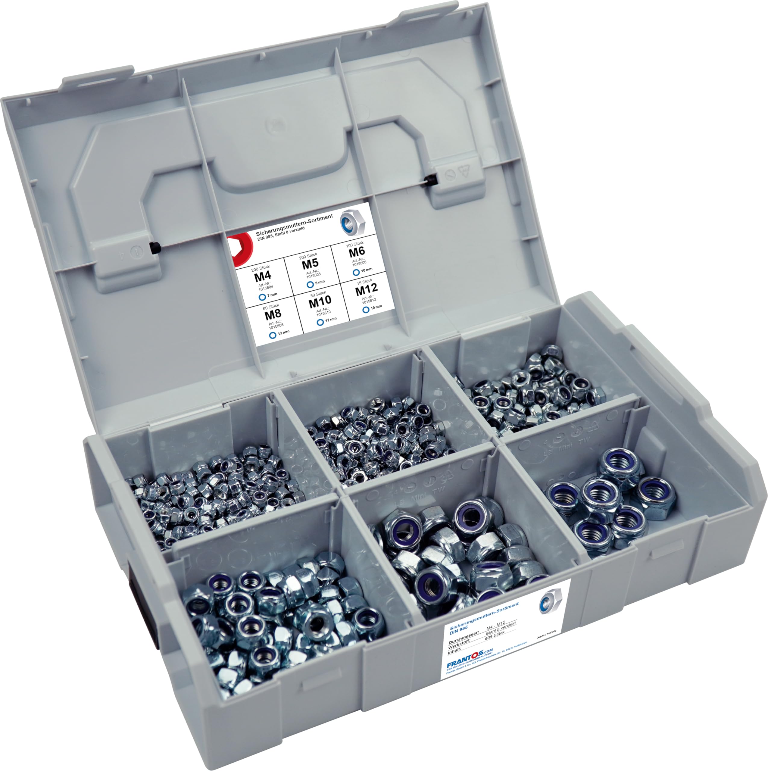 FRANTOS L-BOXX Mini DIN 985 Sicherungsmuttern Sortiment, M4 bis M12 605 tlg. (Stahl verzinkt) - selbstsicherende Sechskant Muttern Stoppmuttern Set