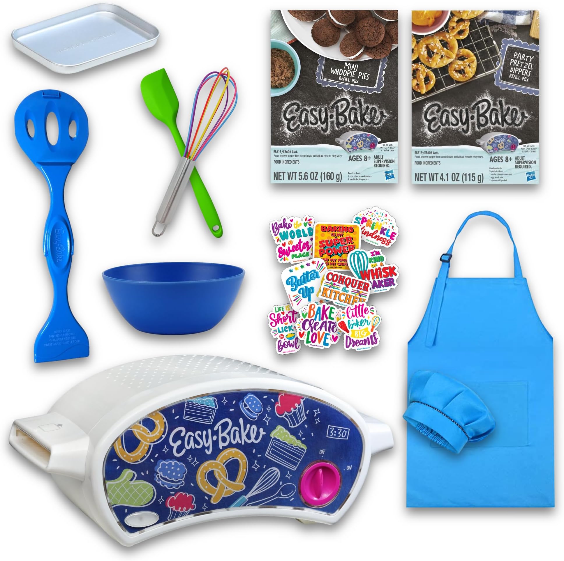 Ultimate Easy Baking Oven Bundle For Kids With 19 Items - Oven, 2 Refill Mixes, Apron, Hat, Bowl, Spatula, Whisk, 9 Stickers, Baking Pan & Tool (Bold Blue Baker Bundle)