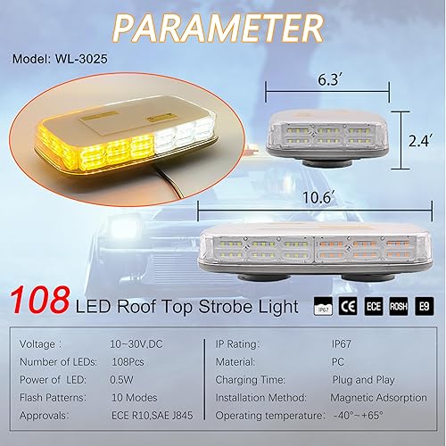 Miniatura 7 de Luz estroboscópica de techo de 108 LED, luz de emergencia de 11 pulgadas para vehículos, barra de luz de advertencia de seguridad de 12-24 V con