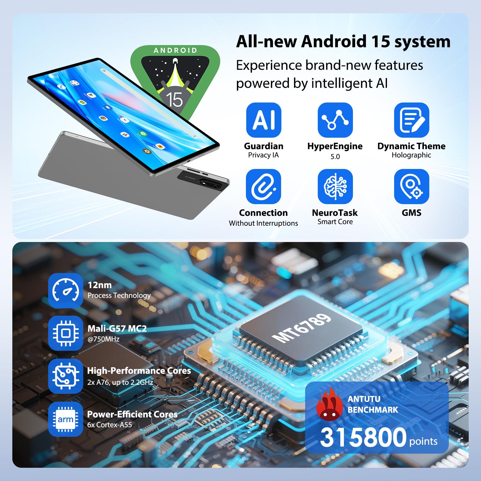 Tablet 13 Pulgadas Android 15 Tableta con 4G LTE/5G WiFi,2960x1848 FHD+,36GB RAM+512GB ROM+1TB,11580mAh,13MP+8MP,Bluetooth 5.0, GPS, Pantalla Dividida, Face ID,Tableta con Teclado,Gris