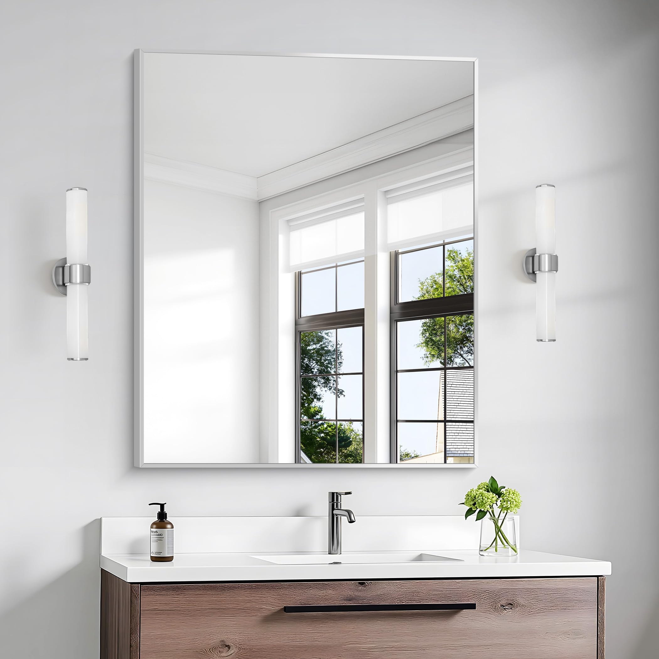 BONEWEI Silver Bathroom Mirror 30x36 inch Wall Mirror for Bathroom Wall Mounted Rectangle Mirror for Bathroom Over Sink