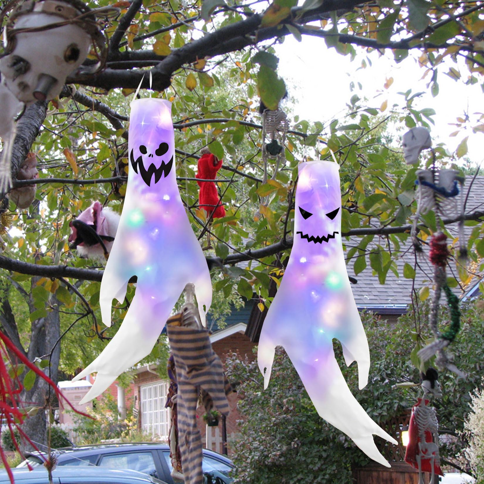 Herbst 2 unidades de decoración de Halloween, 140 x 57 cm, bolsas de viento colgantes, bandera fantasma, decoración de Halloween, decoración al aire libre para interior con diseño de cara de fantasma