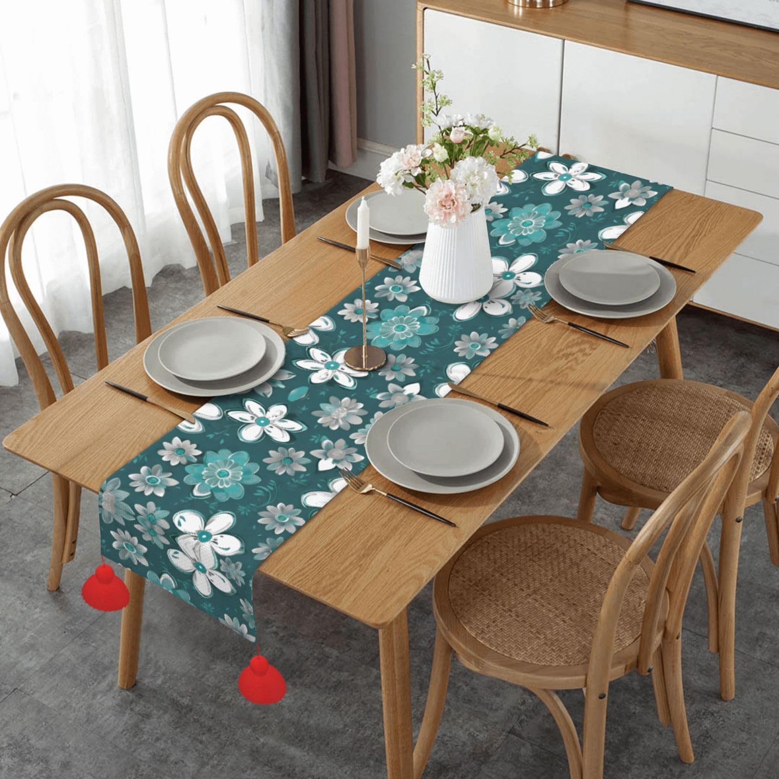 Chemin de table bleu sarcelle imprimé floral en coton pour table basse de ferme