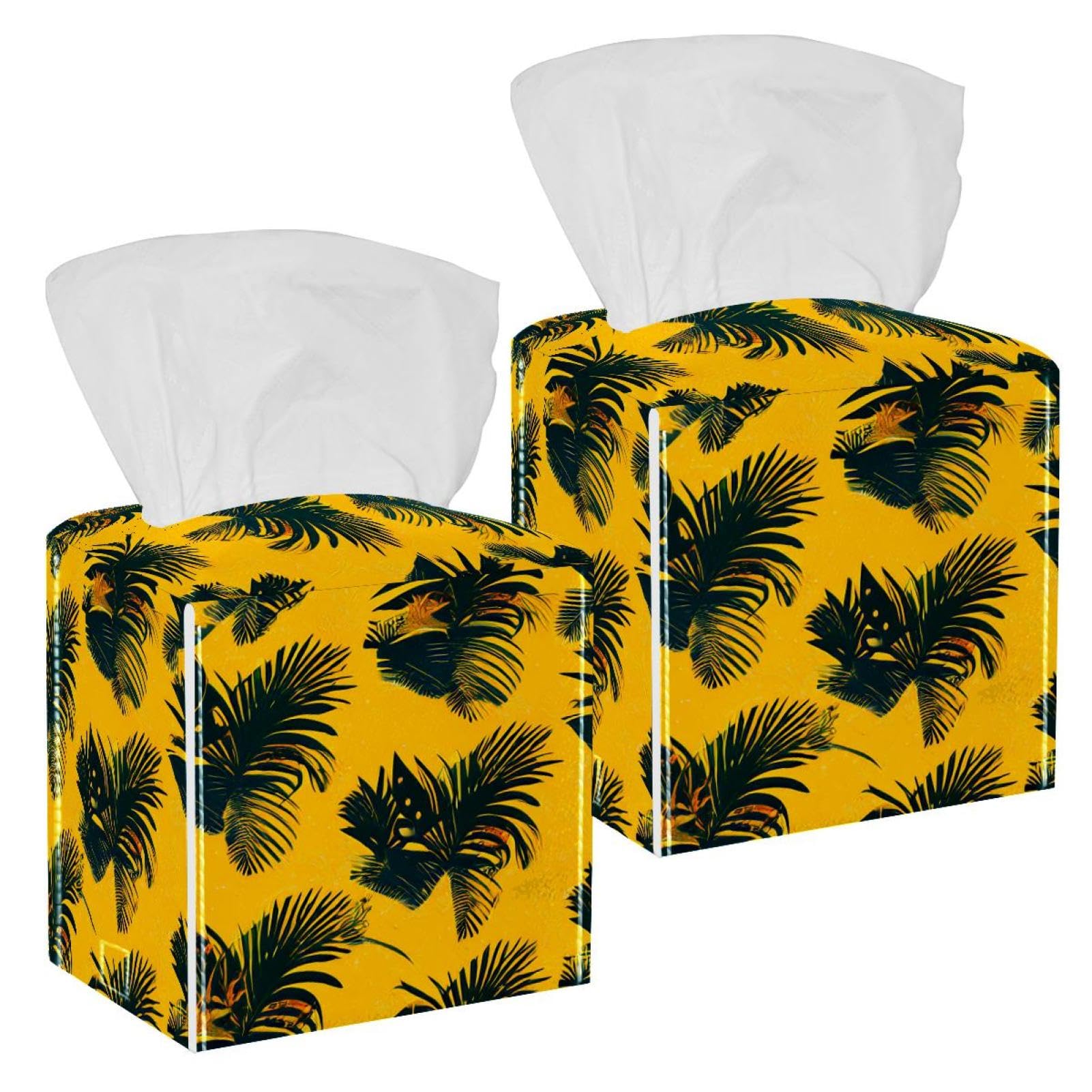 Tropical Palm Tissue Box Cover, 2 Pack PU Leather Square Facial Tissue Dispenser Box holder for Home Office Car