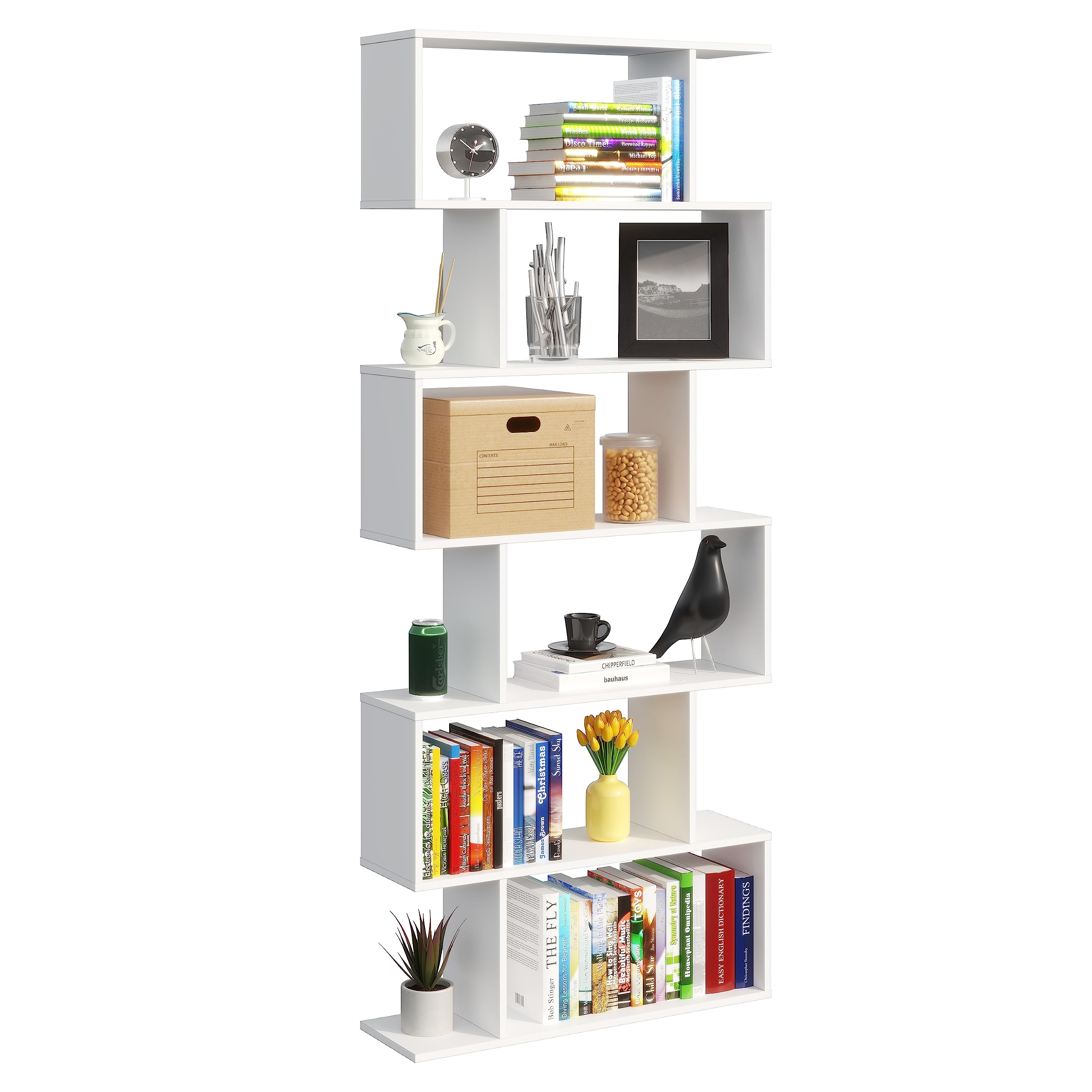Panana S Shape Storage Display 6 Shelves Room Divider Unit Chest Bookshelf Bookcase (White)