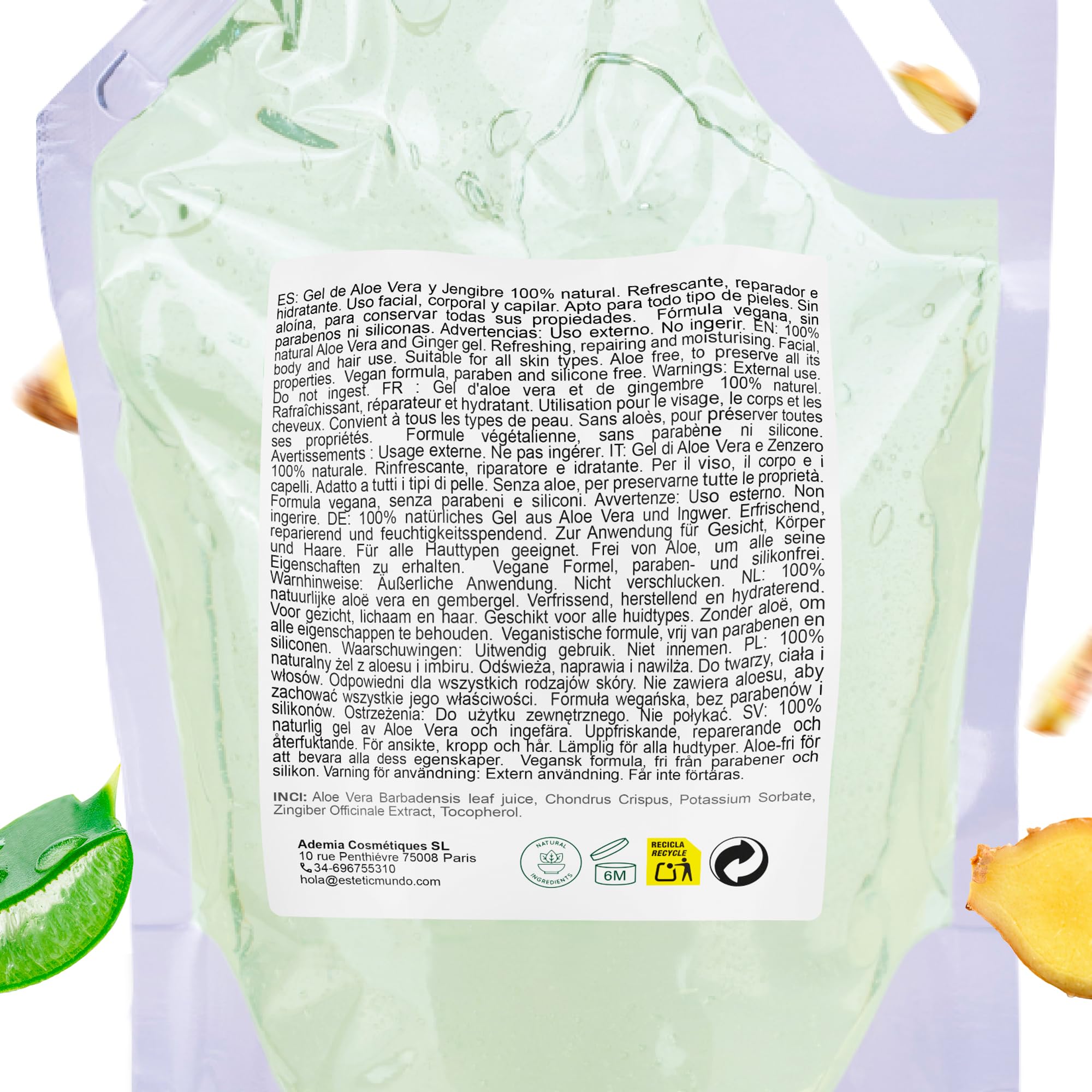Gel de Aloe Vera & Jengibre – Hidratante y Reafirmante Natural – Con Aloe Fresco Ecológico de España – Uso Facial, Corporal y Capilar – Post-Solar, Piernas Cansadas, After Shave 1000 ml