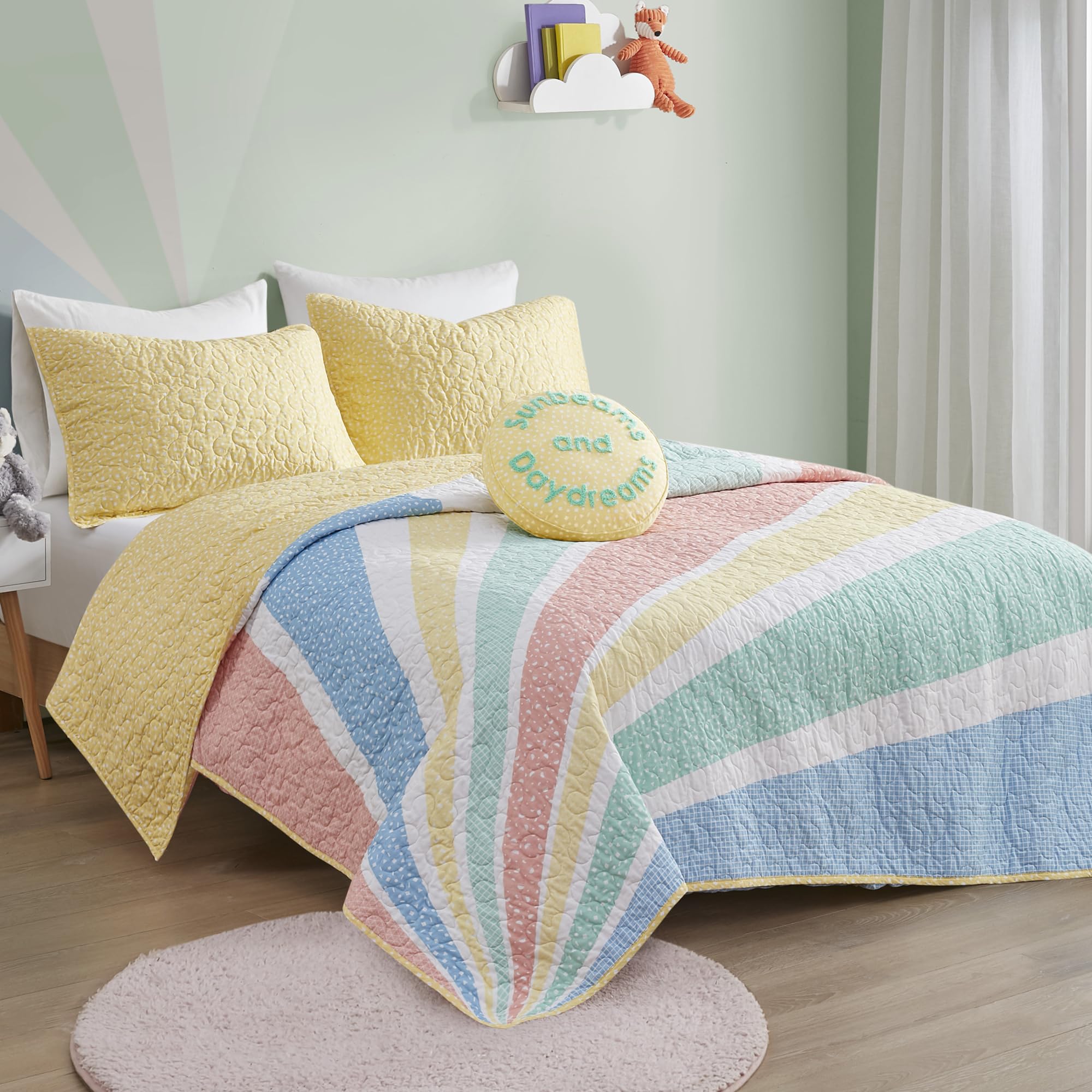 Quilt Set for Kids, Vibrant Sunburst Rainbow Coverlet for Queen Size Bed Set, Confetti Printed Reversible Lightweight Cotton Quilt Bedding Set, Rory, Full/Queen Yellow 4 Piece