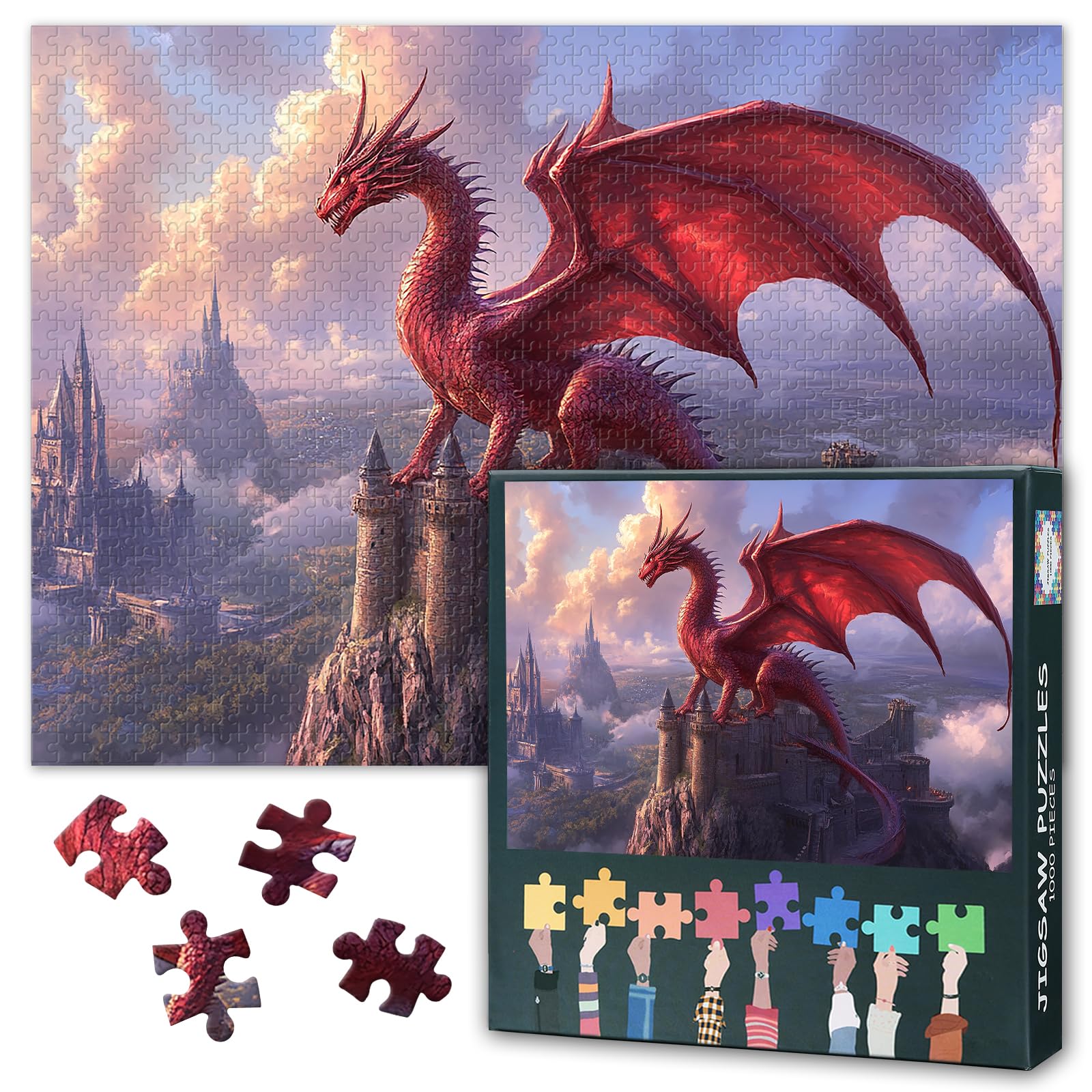 Puzzles for Adults 1000 Pieces, Fantasy Dragon with Castle Jigsaw Puzzles, Adult Puzzle for Adults, Educational Fun Games or Toys for Elders Friends 20X27 INCH