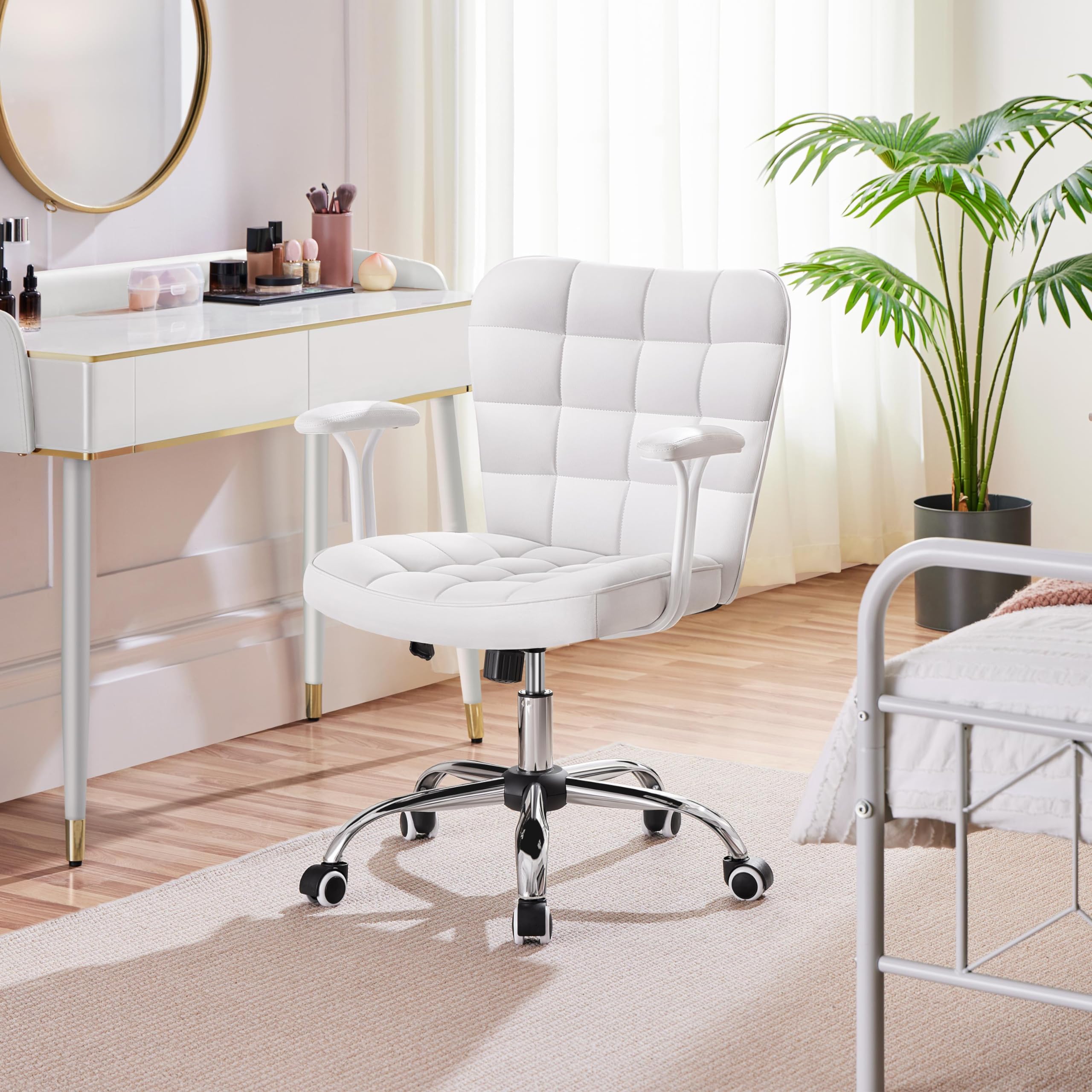 Yaheetech Homeoffice Stuhl Schreibtischstuhl Bürosessel Arbeitsstuhl aus Kunstleder, Drehstuhl mit Weichen Armlehnen, Höhenverstellbarer Polsterstuhl Computerstuhl mit Rollen, Weiß