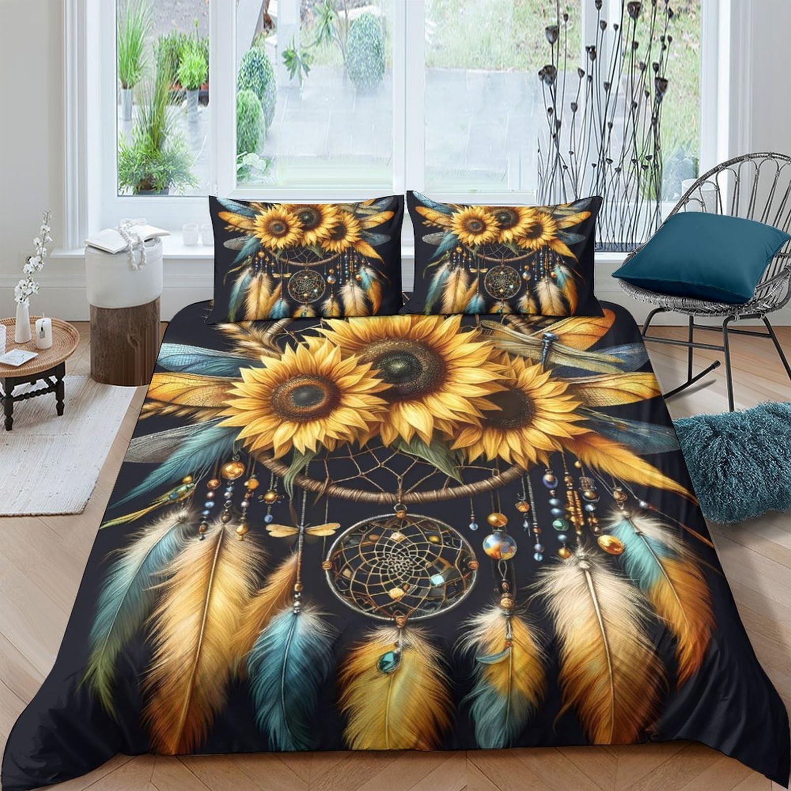 GPLZQXKJNH 3D Printed Sunflower Dreamcatcher Duvet Cover Set Microfiber Soft Breathable Bedding for Bedroom Decor, 2 Pillowcases Single（135x200cm）