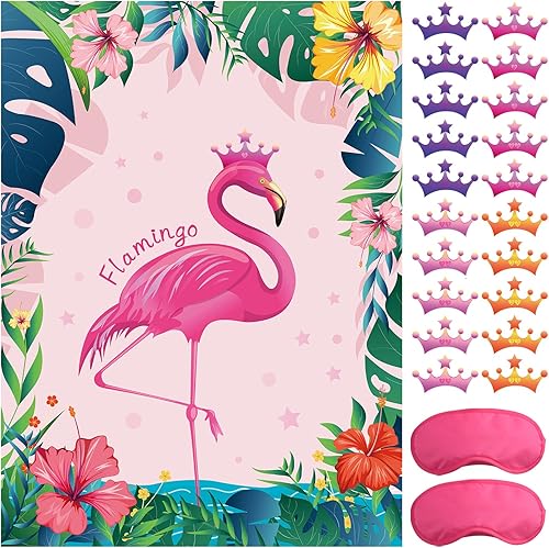 ASTARON Pin The Crown on The Flamingo con 24 coronas, juego de fiesta temática de flamenco para Navidad, cumpleaños, suministros de decoración de