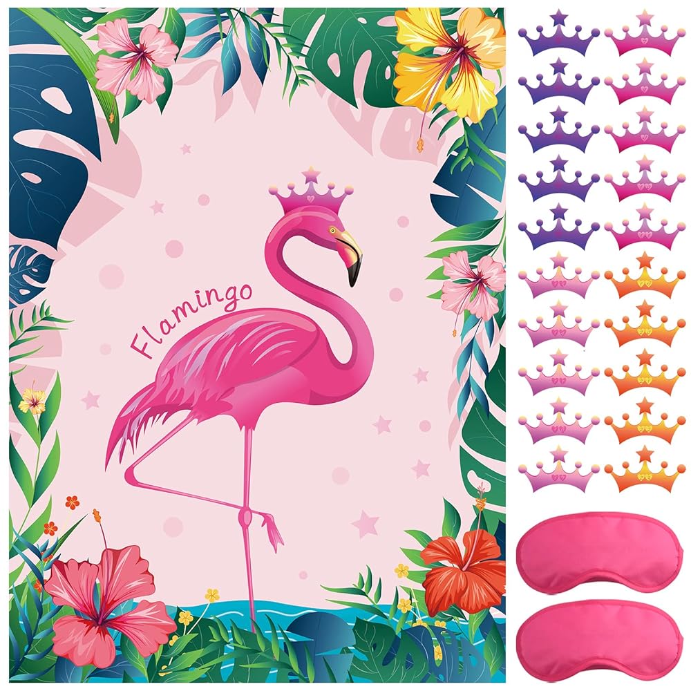 ASTARON Pin The Crown on The Flamingo, Flamingo Theme Party Game with 24 Crown Stickers for Birthday Party and Hawaiian Luau Tiki Party Supplies