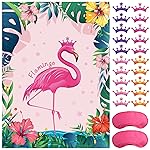 ASTARON Pin The Crown on The Flamingo, Flamingo Theme Party Game with 24 Crown Stickers for Birthday Party and Hawaiian Luau Tiki Party Supplies