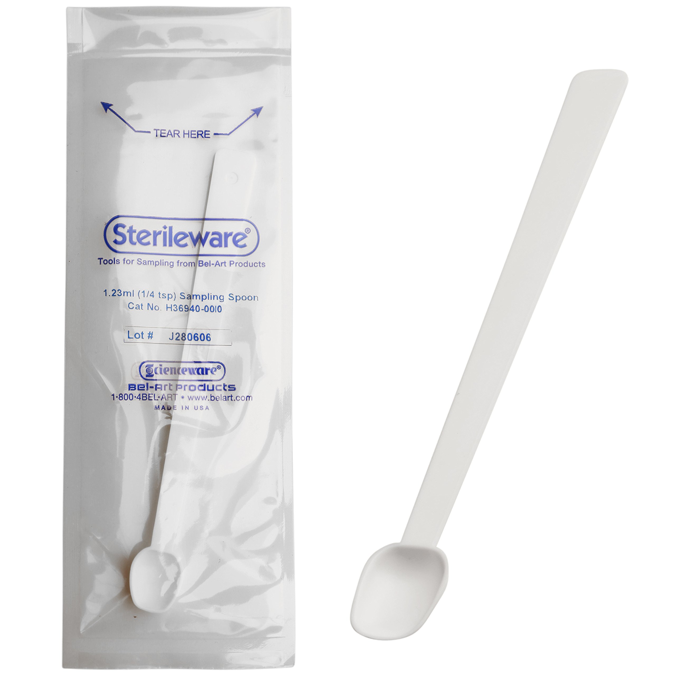 Bel-Art H36940-0010 sterylne naczynia długi uchwyt sterylna łyżka do próbkowania, 1,23 ml (1/4 łyżeczki), plastik, indywidualnie owinięta, opakowanie 10 sztuk