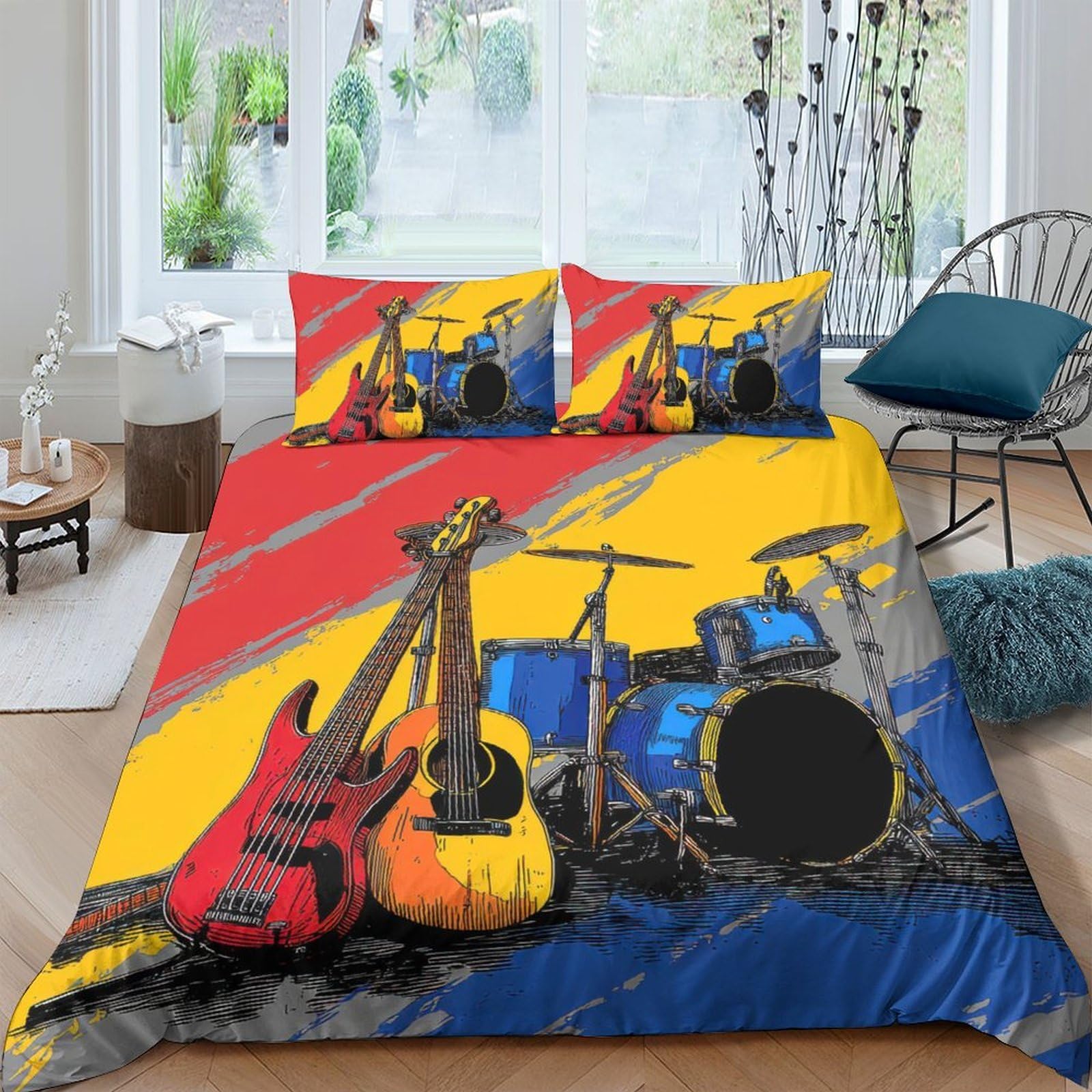 Ctjqhvkz Style-5 3D Printed Electric Guitar Fitted Sheet Microfiber Soft Drum Kit Bed Cover For Bedroom Dorm Apartment Decor Single（135X200cm）