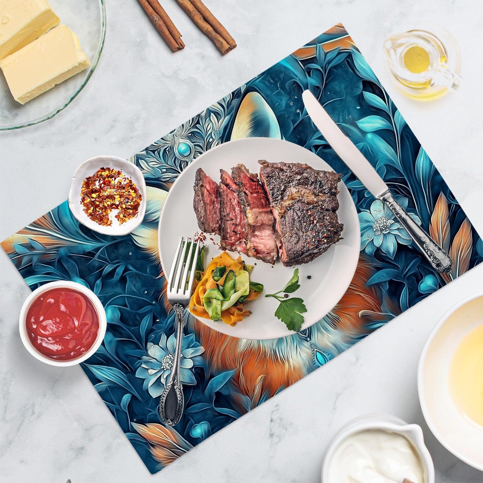 Set di 8 Colazione Stoffa 30x45cm, Volpe Gialla Cotone e lino Tovagliette Americane Lavabili, Tovagliette Animali Carini per Primavera Vacanze Cucina Feste, Pasqua