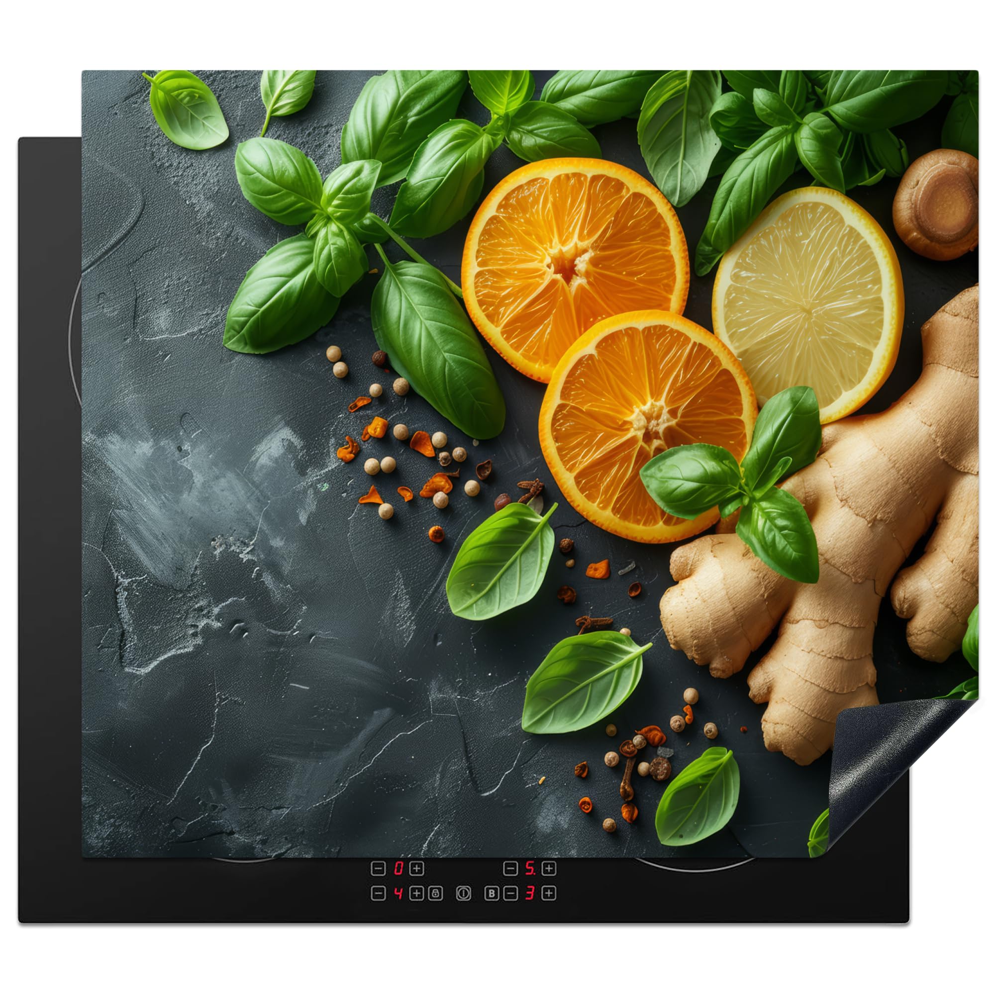 KitchenYeah© Herdabdeckplatte 59x51 cm Einteilig Induktionsmatte Küche Abdeckung Ceranfeld Herd Abdeckplatte Deko Vinyl Matte Aufrollbar Kräuter - Obst - Beton - Ingwer - Blätter