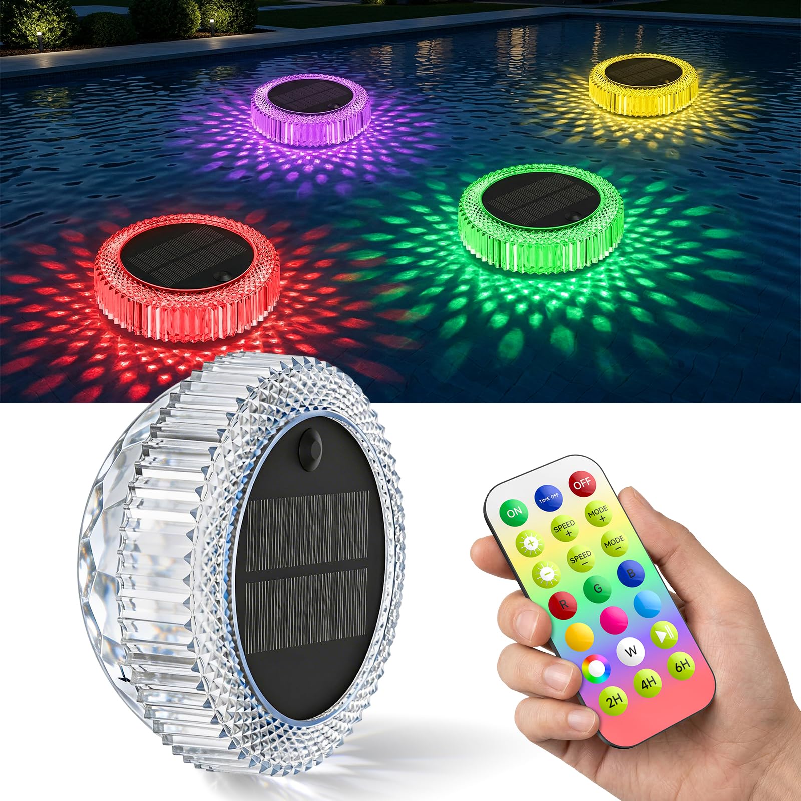 Luci Galleggianti Solari per Piscina, 7 Colori RGB + Effetto Corsa, IP68 Impermeabile, 4 Livelli di Luminosità, Telecomando 10m, Timer 2/4/6h – per Piscina, Laghetto, Giardino, Decorazione Feste
