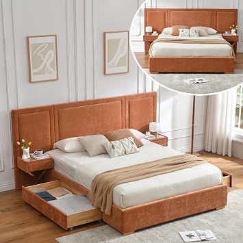 Queen Bed with 2 Nightstands & Drawers, Orange Velvet Upholstered Headboard | Platform Bed Frame with Storage, Noise-Free, Wood Slats Support, X-Crossed Gold Legs, No Box Spring Needed, Easy Assembly